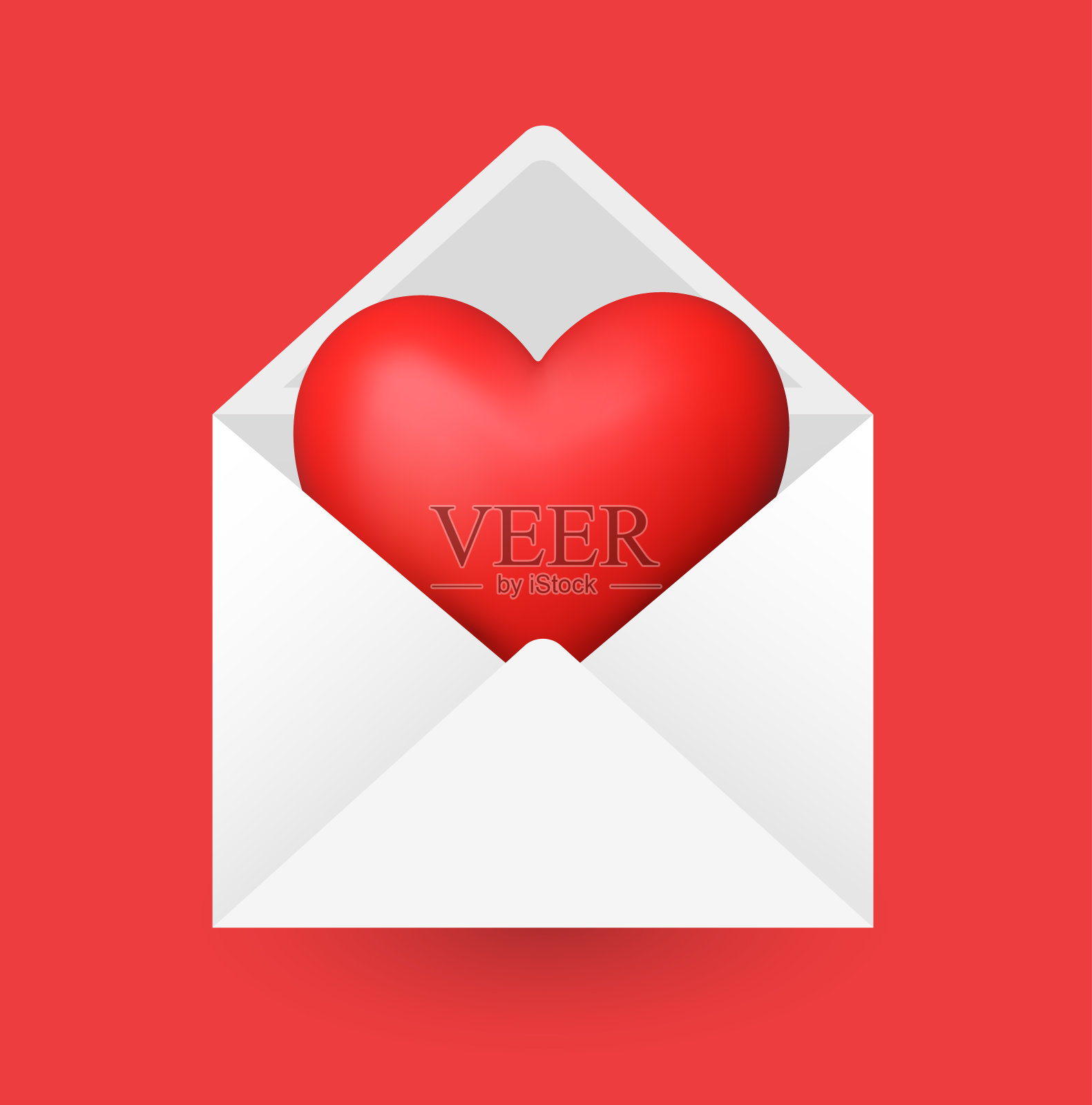 纸信封与三维心脏在粉红色的背景。插画图片素材