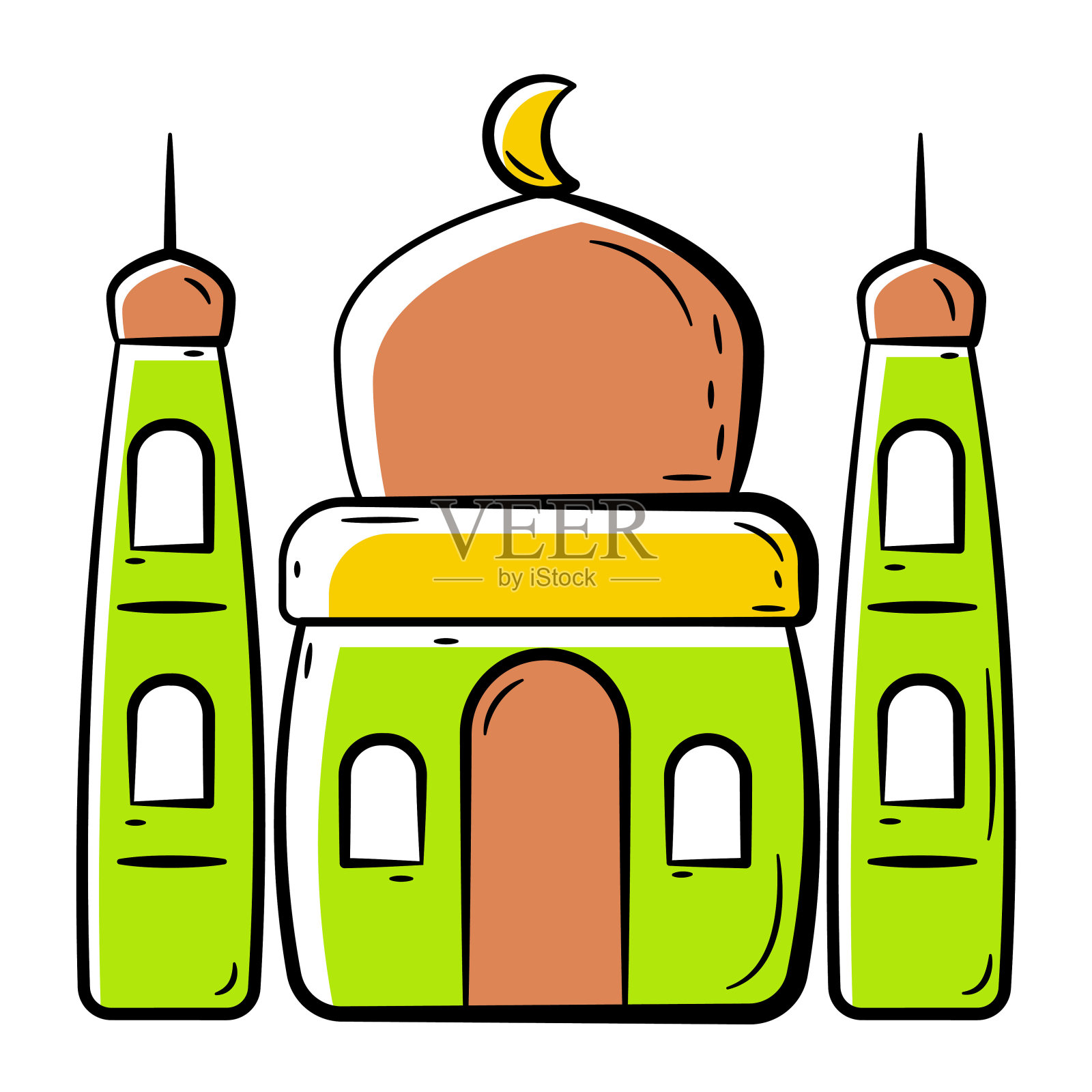 手绘清真寺彩色图标，伊斯兰涂鸦图标合集插画图片素材