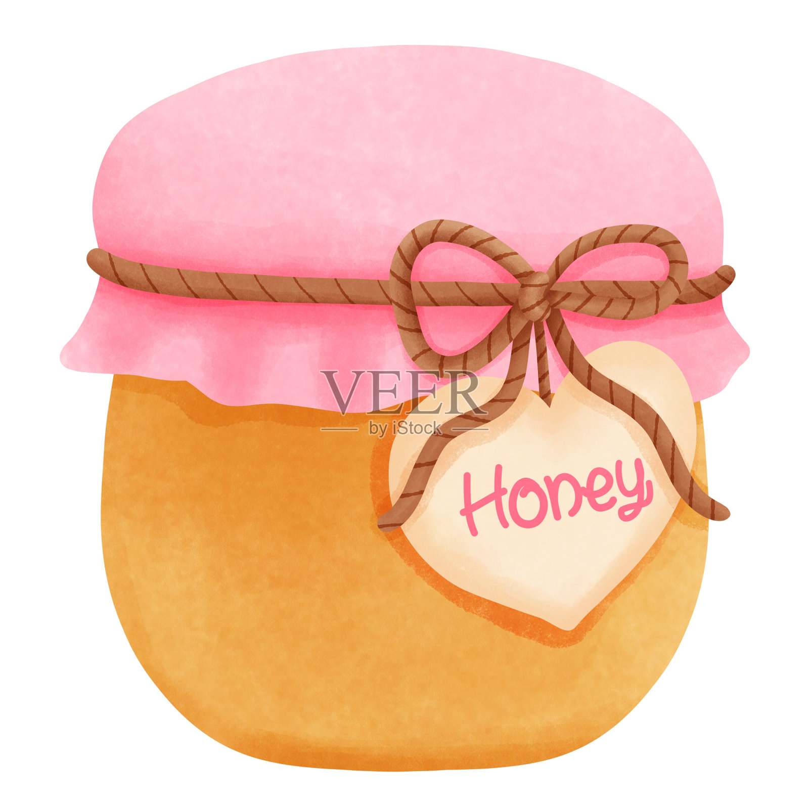 水彩蜂蜜罐与心挂标签剪贴画，情人节甜蜜的插图。插画图片素材
