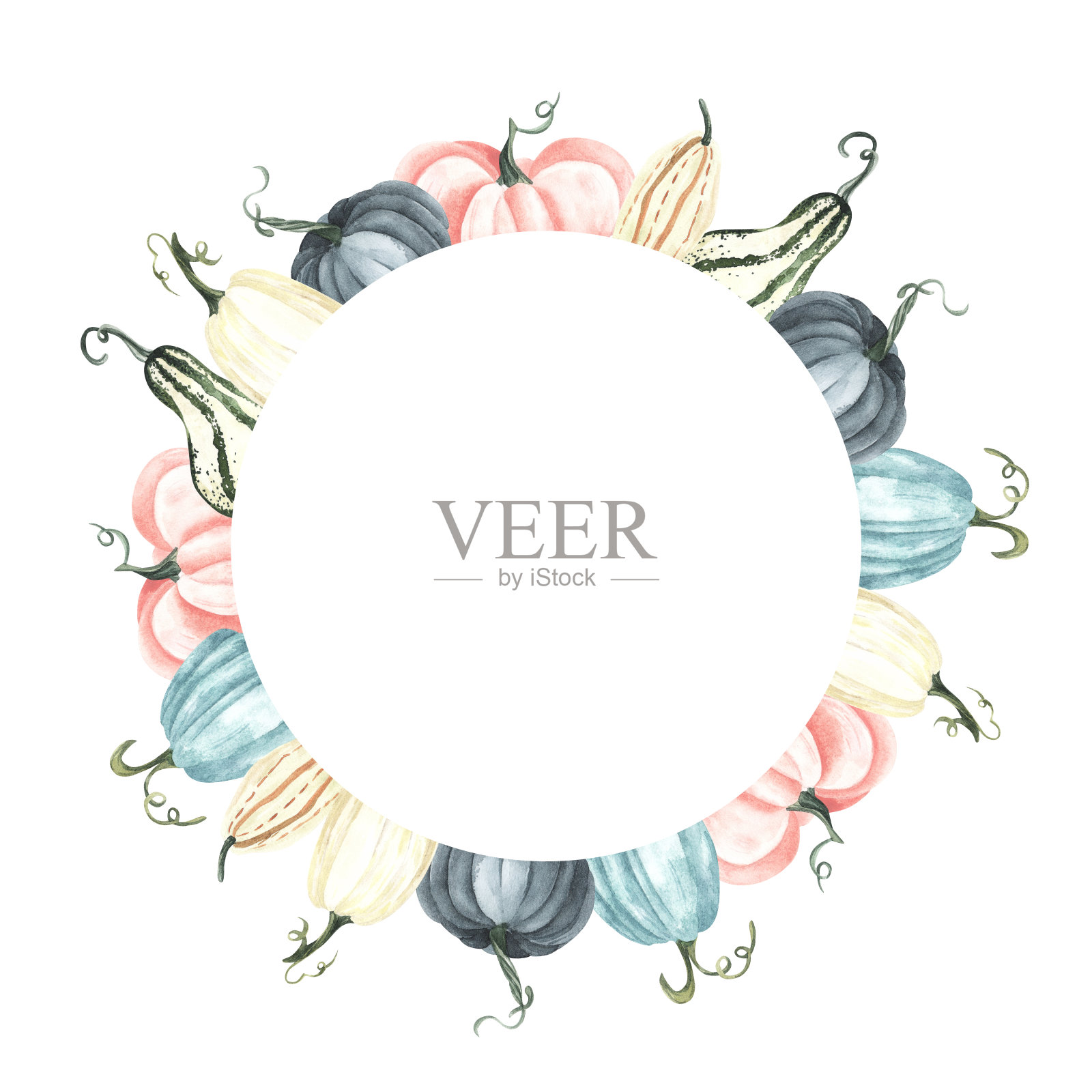 水彩南瓜白色，粉红色和蓝色的颜色，秋天的叶子。感恩节花圈，圆框晚餐概念。手绘插图孤立在白色背景。完美的菜单，卡片，框架插画图片素材