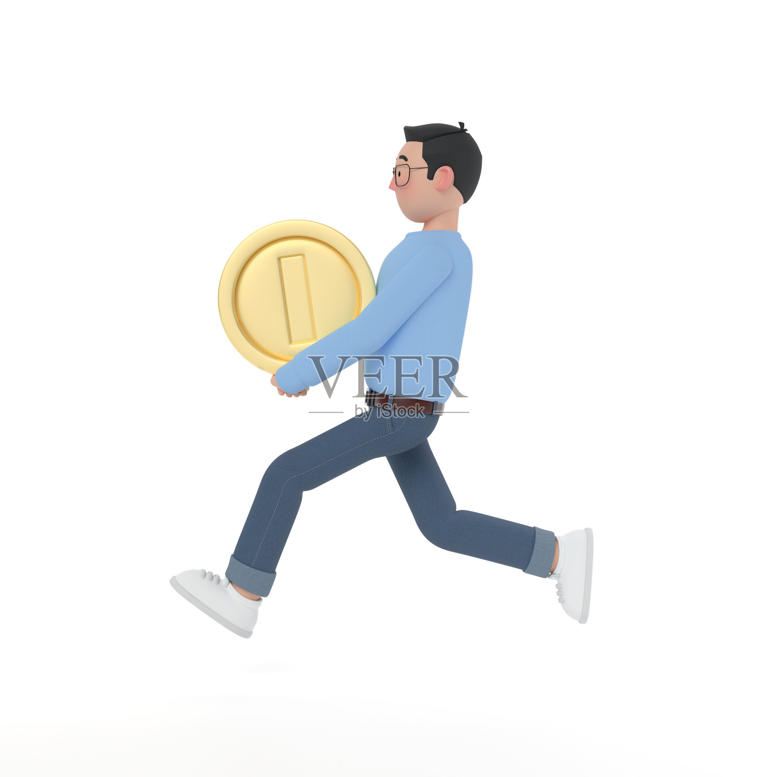 3D卡通人带着硬币跑了。3 d卡通照片摄影图片