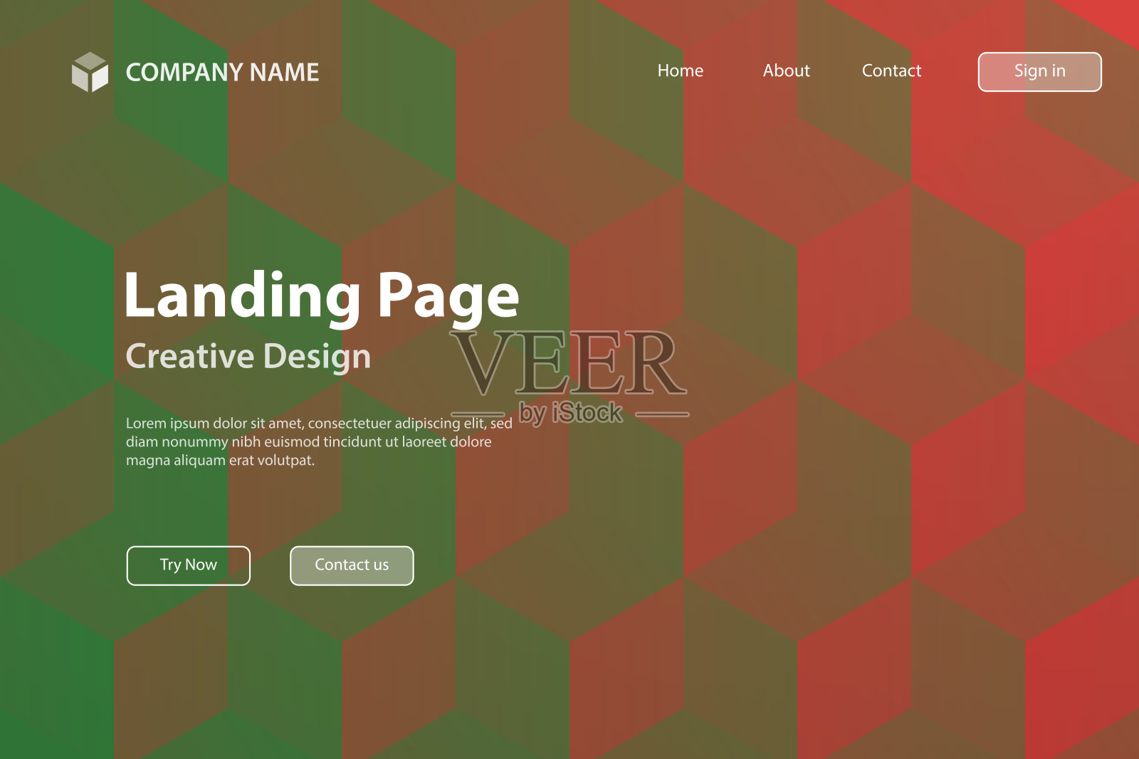 登陆页面模板-抽象几何背景与红色立方体-新潮的3D背景插画图片素材