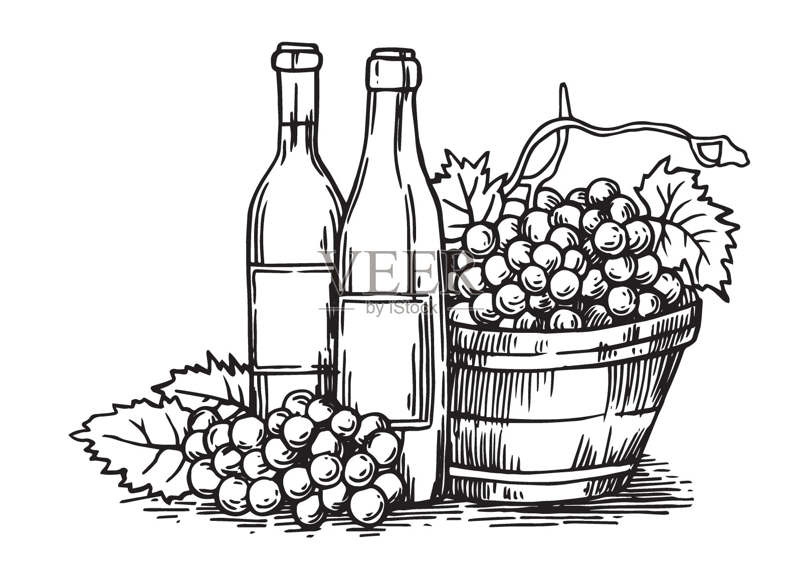 几瓶酒和一篮子葡萄。素描风格的复古绘画。黑白插图插画图片素材