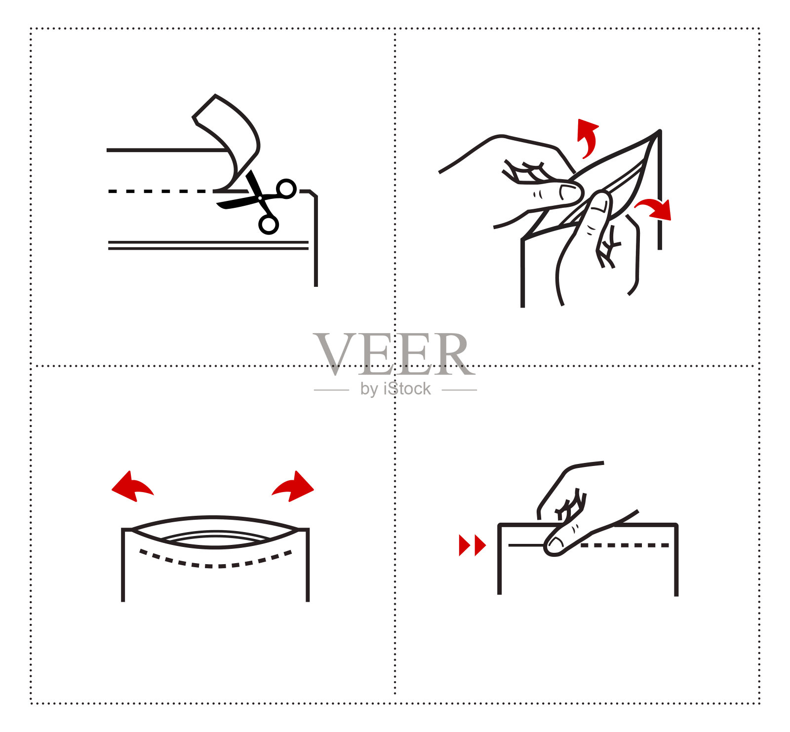 一组图标用于打开拉链锁，撕开包装上的缺口。插画图片素材