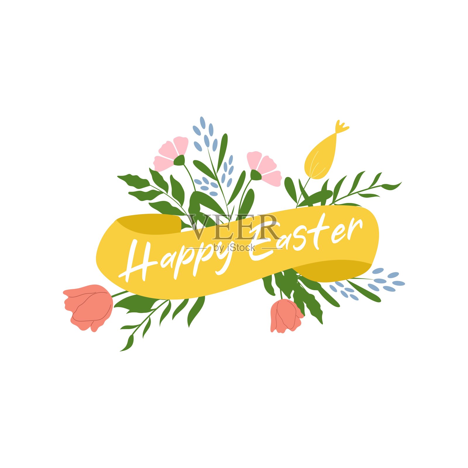 黄丝带复活节快乐，插花。插画图片素材