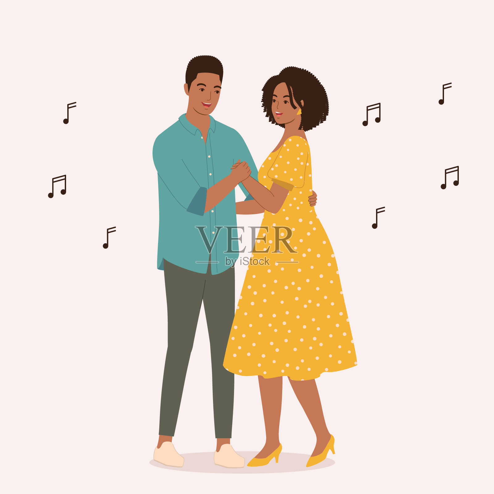 黑人夫妇伴着慢音乐翩翩起舞。插画图片素材