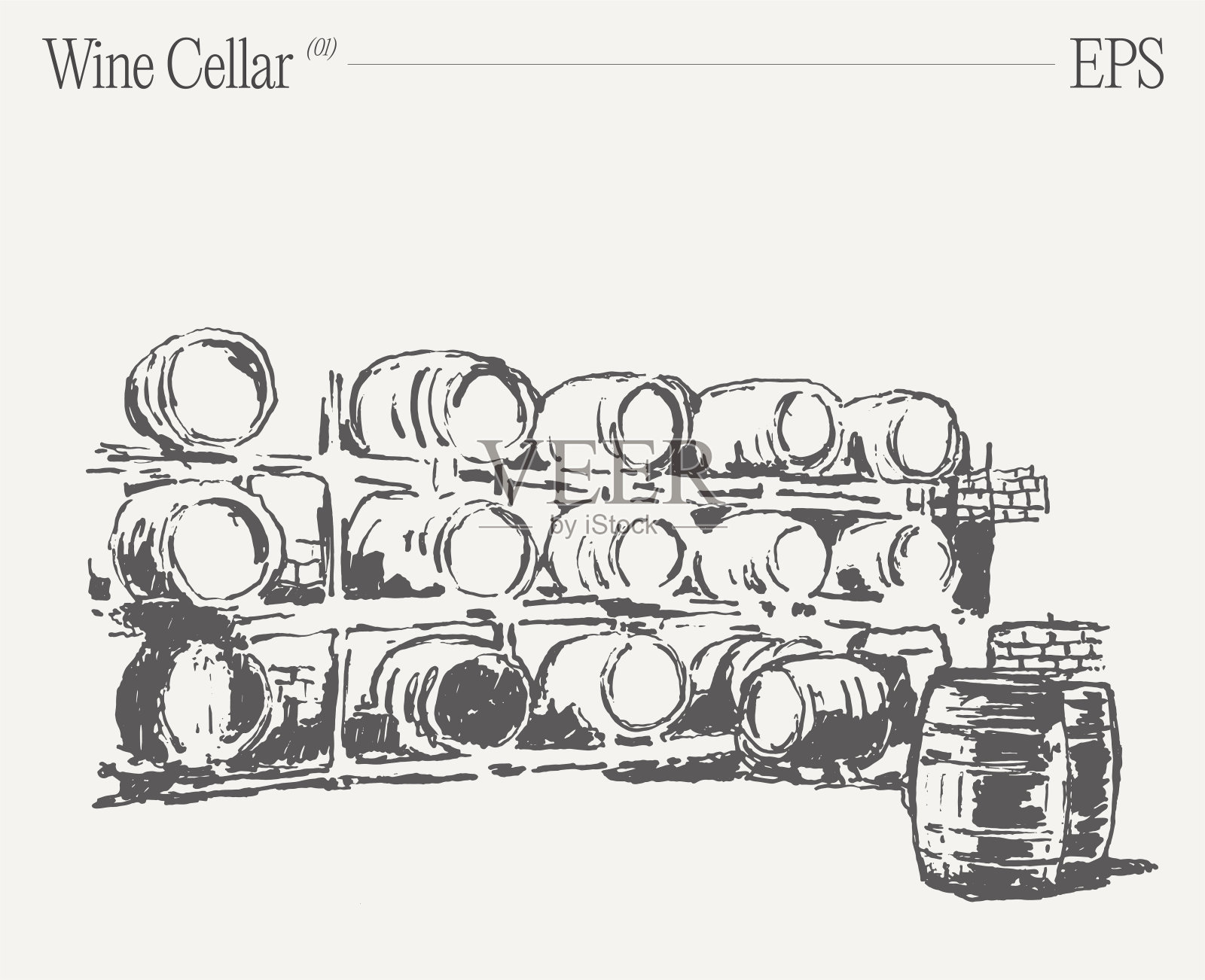 酒窖里堆放着酒桶。手绘矢量插图，草图。插画图片素材