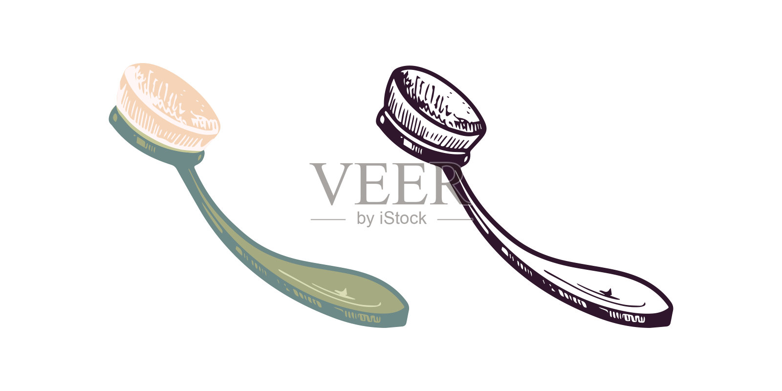 手绘泡芙海绵上妆手柄，美容美容元素，自我护理。为美容院、化妆品店、彩妆设计插画。彩色平面和黑色涂鸦风格。插画图片素材