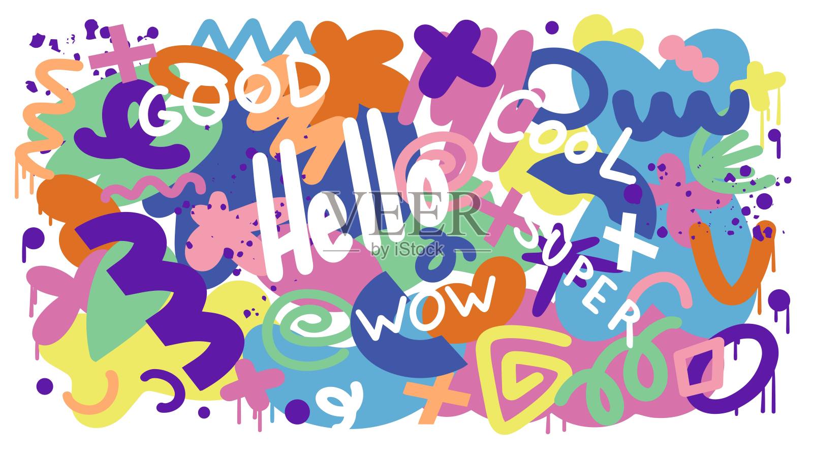 横幅模板与各种形状的简单点。手绘彩色元素的设计。涂鸦风格的字体。矢量插图孤立在一个颜色的背景。插画图片素材