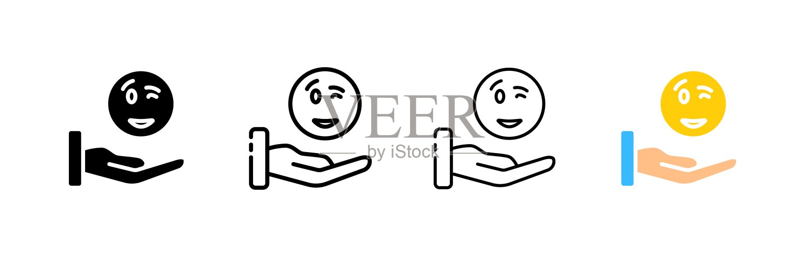 微笑表情符号。线条，表情在掌心，微笑表情用睁眼和闭眼，掌心。矢量图标插画图片素材