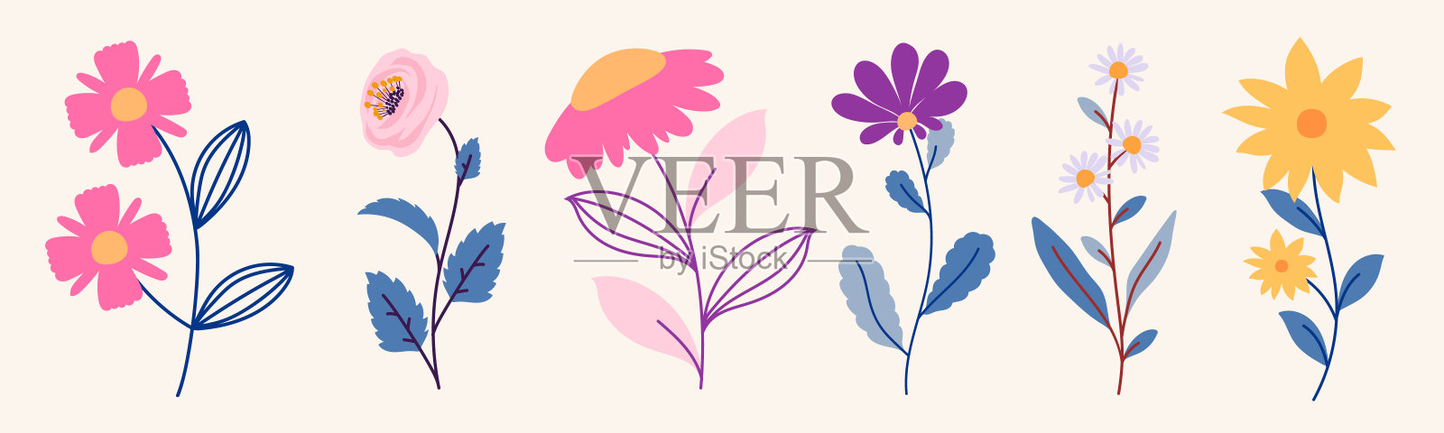 收集春天的花朵和树叶，手绘花卉图案，贺卡，邀请或海报。白色背景上的卡通现代花朵。矢量花卉安排。插画图片素材