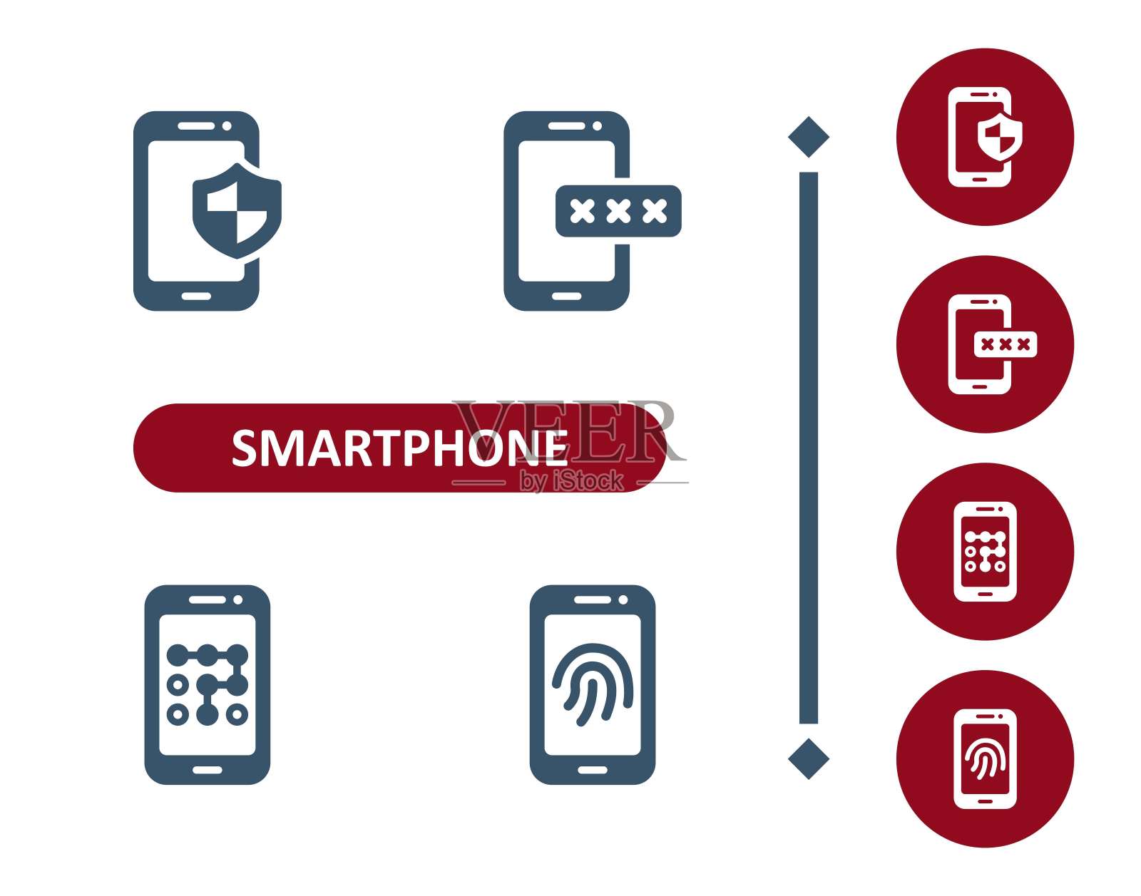 智能手机图标。手机，电话，安全，在线，防病毒，密码，PIN，指纹图标插画图片素材