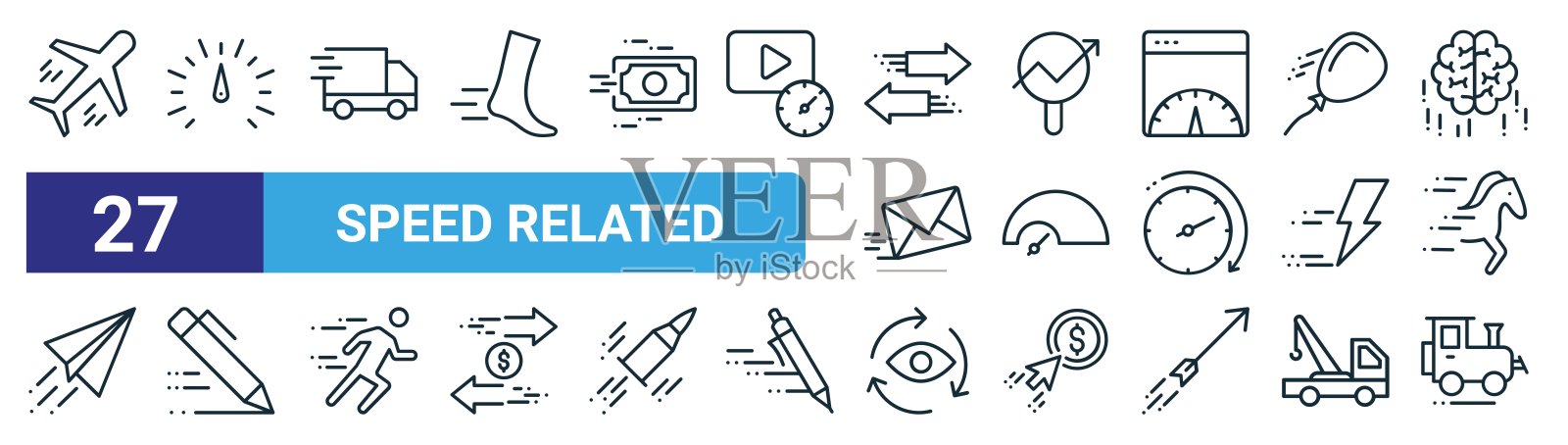 一组27个大纲网页速度相关图标，如飞机，速度计，快速交付，seo，速度计，笔，眼睛，机车矢量细线图标的网页设计，移动应用程序。插画图片素材