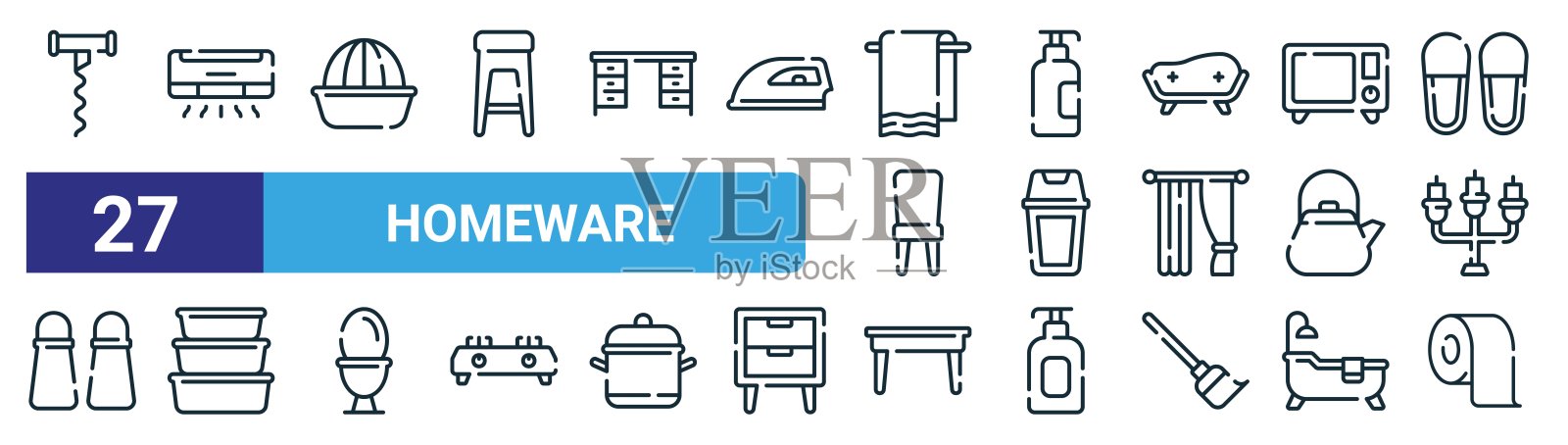 一组27个轮廓网络家居用品图标，如开瓶器，ac，挤压器，洗手液，垃圾桶，食品容器，餐桌，卫生纸矢量细线图标的网页设计，移动应用程序。插画图片素材