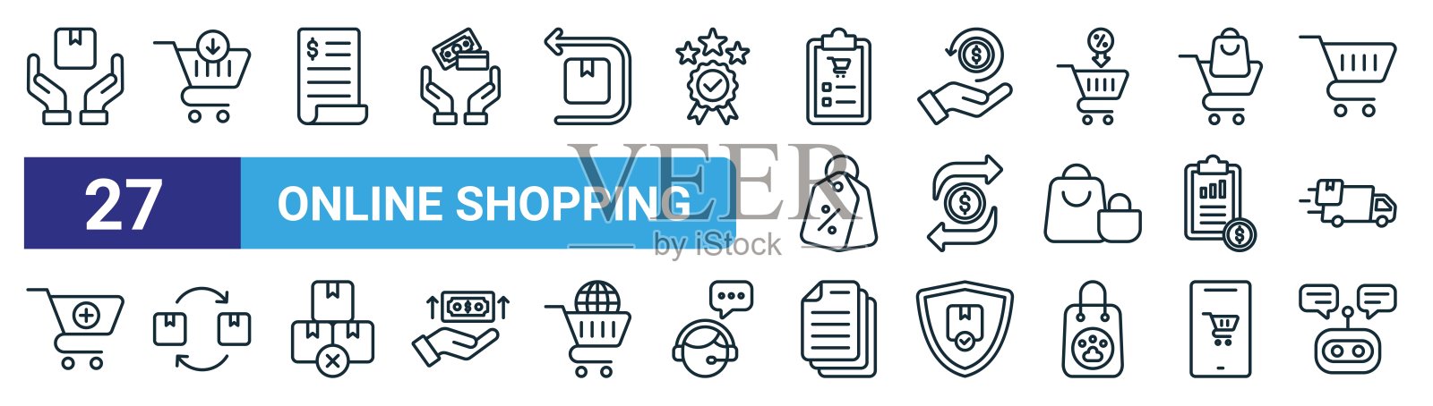 一套27个大纲网络网上购物图标，如产品，购买，发票，现金返还，交易，更换，收集，聊天盒矢量细线图标的网页设计，移动应用程序。插画图片素材