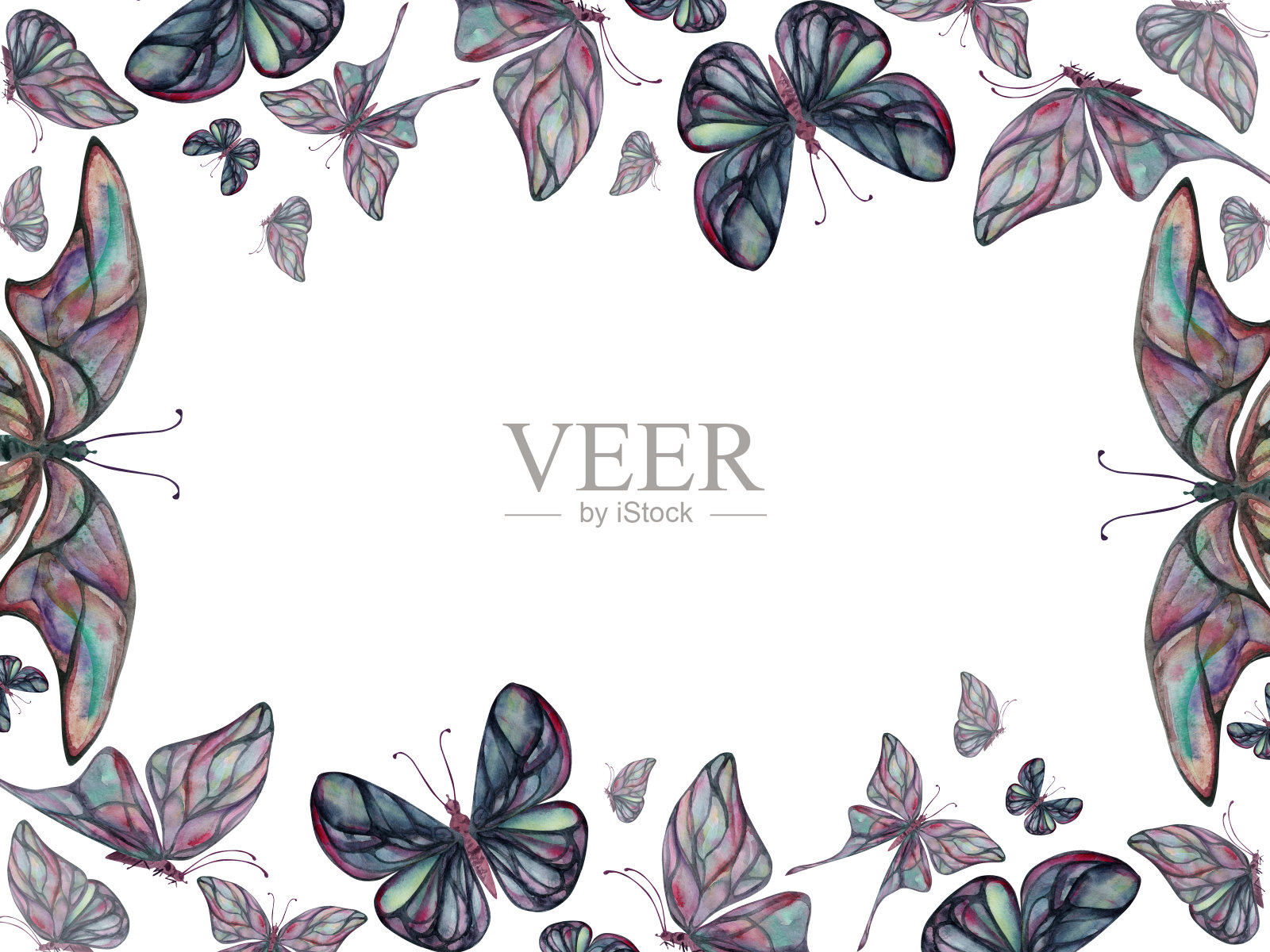 手绘水彩插画蝴蝶仙女翅膀宝石水晶虫蛾。碧玺珍珠拉布拉多石蛋白石。水平框架孤立在白色背景。设计印刷店，婚礼，生日插画图片素材