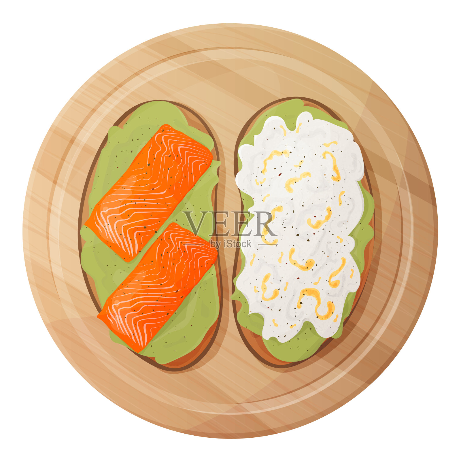 一套烤面包和三明治与不同的健康成分。面包片配鱼、牛油果和炒蛋。矢量平面插图隔离在白色插画图片素材