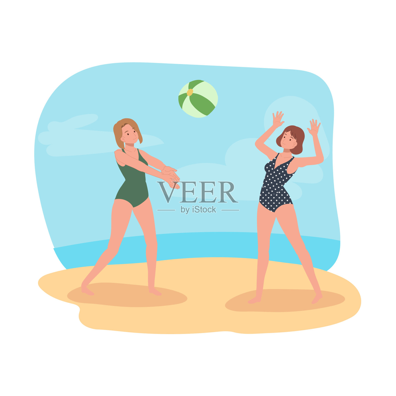 人们在享受沙滩球游戏。人们在海滩上玩沙滩球。插画图片素材