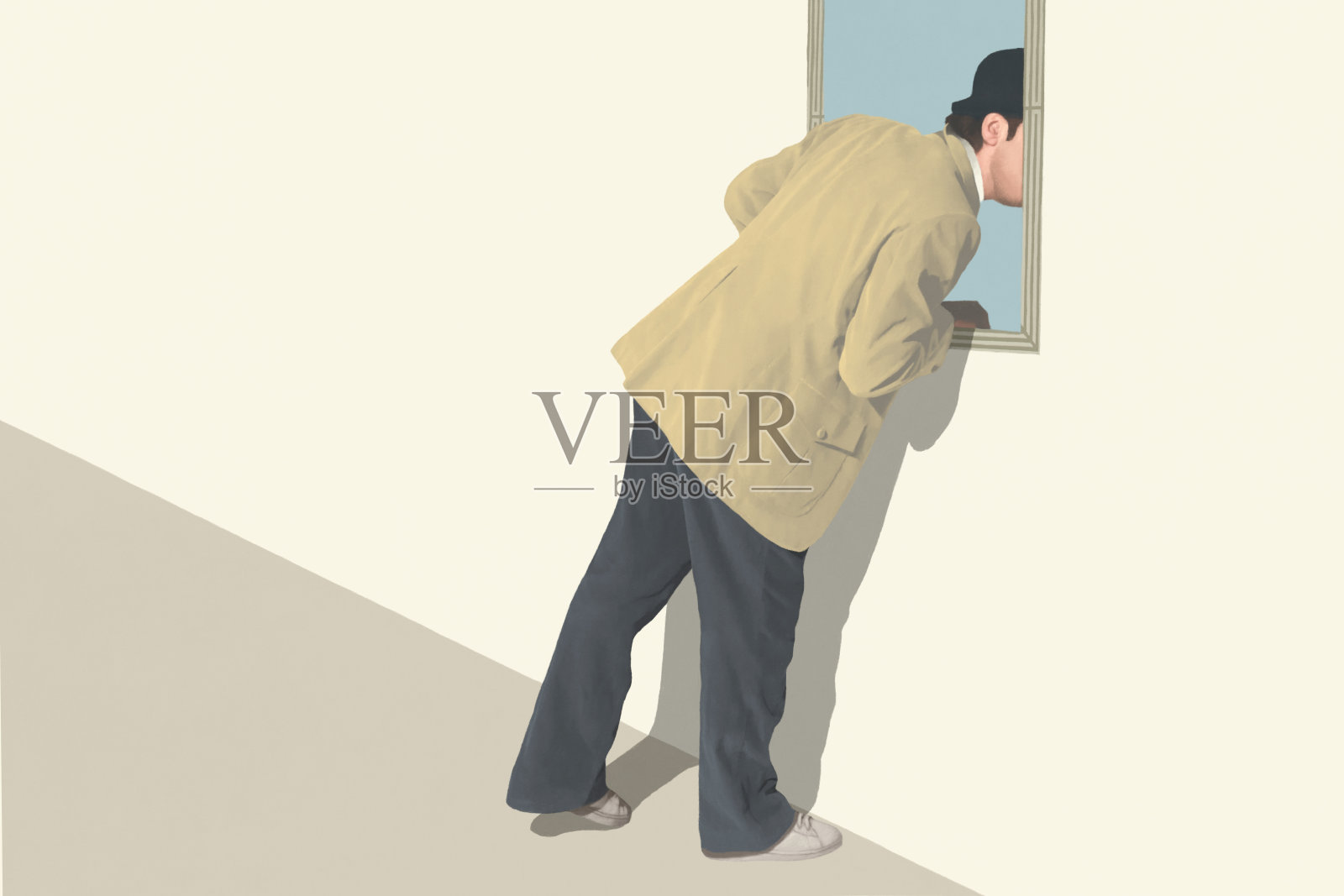 插图人进入一幅画，超现实的虚拟元诗概念插画图片素材