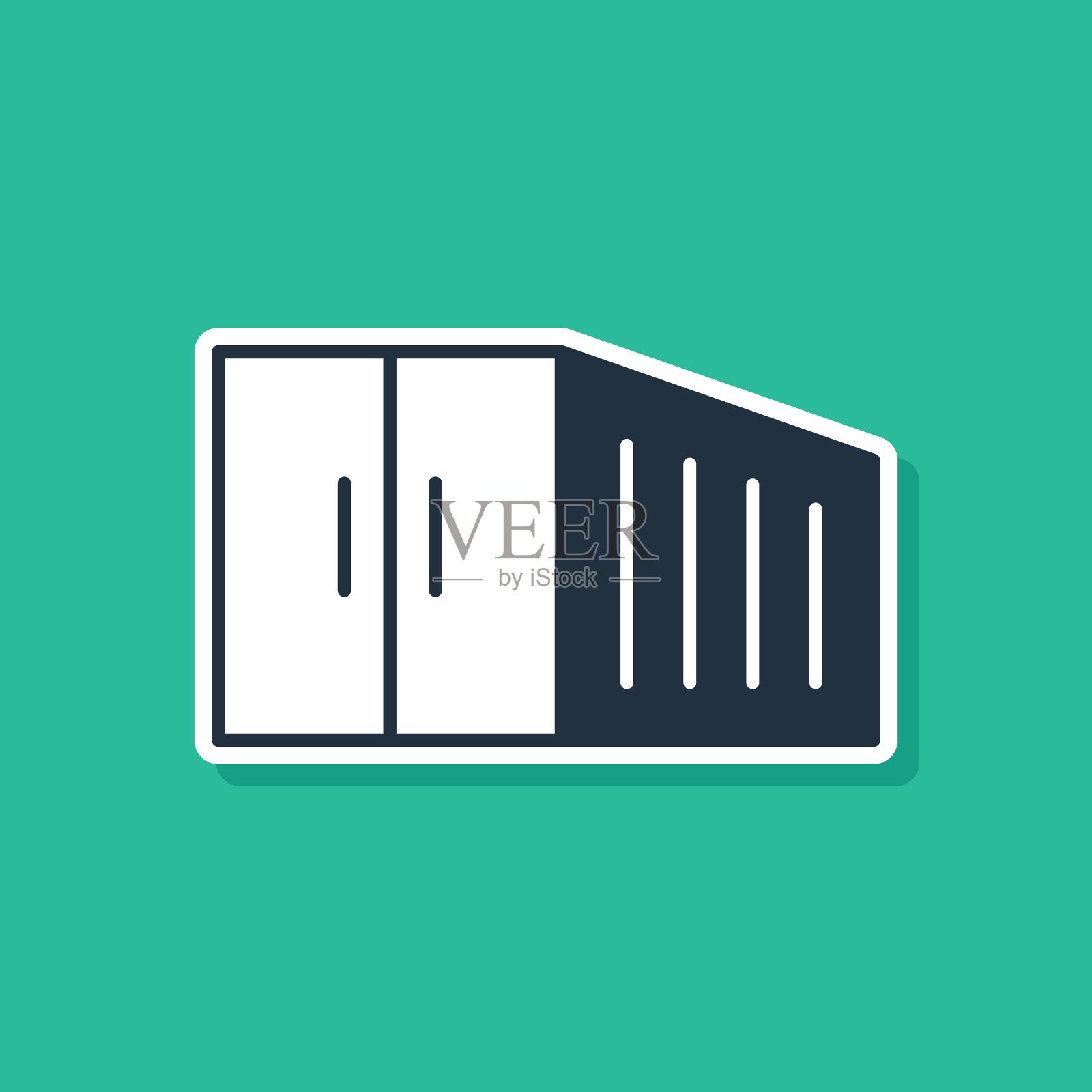 蓝色容器图标隔离在绿色背景。起重机吊起装有货物的集装箱。向量插画图片素材