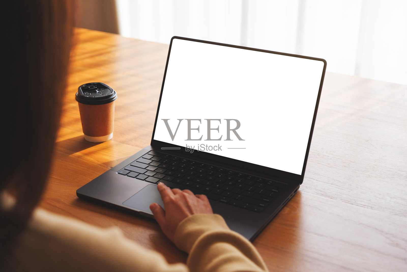 一个女人在家里用空白的桌面屏幕在笔记本电脑上工作和打字的模型图像照片摄影图片