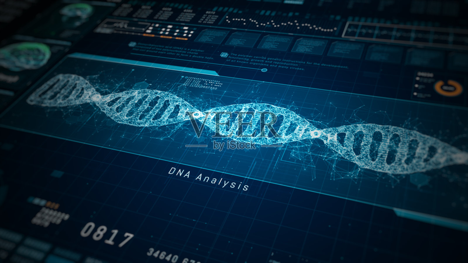 突出神经科学和遗传分析的交叉点，神经遗传学研究的前沿界面，以脑部扫描和DNA测序为特色。三维渲染照片摄影图片