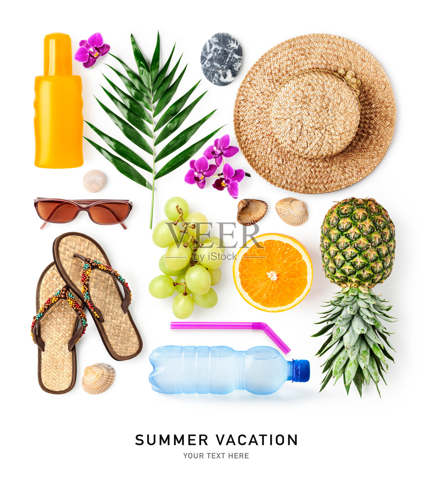 草帽，太阳镜，橙色和菠萝隔离在白色背景照片摄影图片