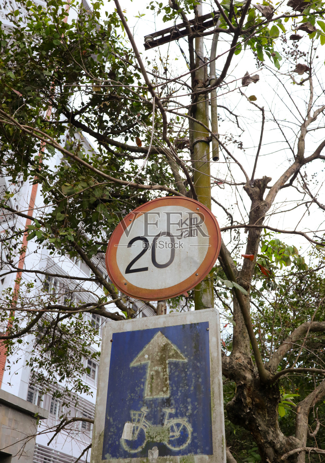 街上有自行车和速度标志照片摄影图片