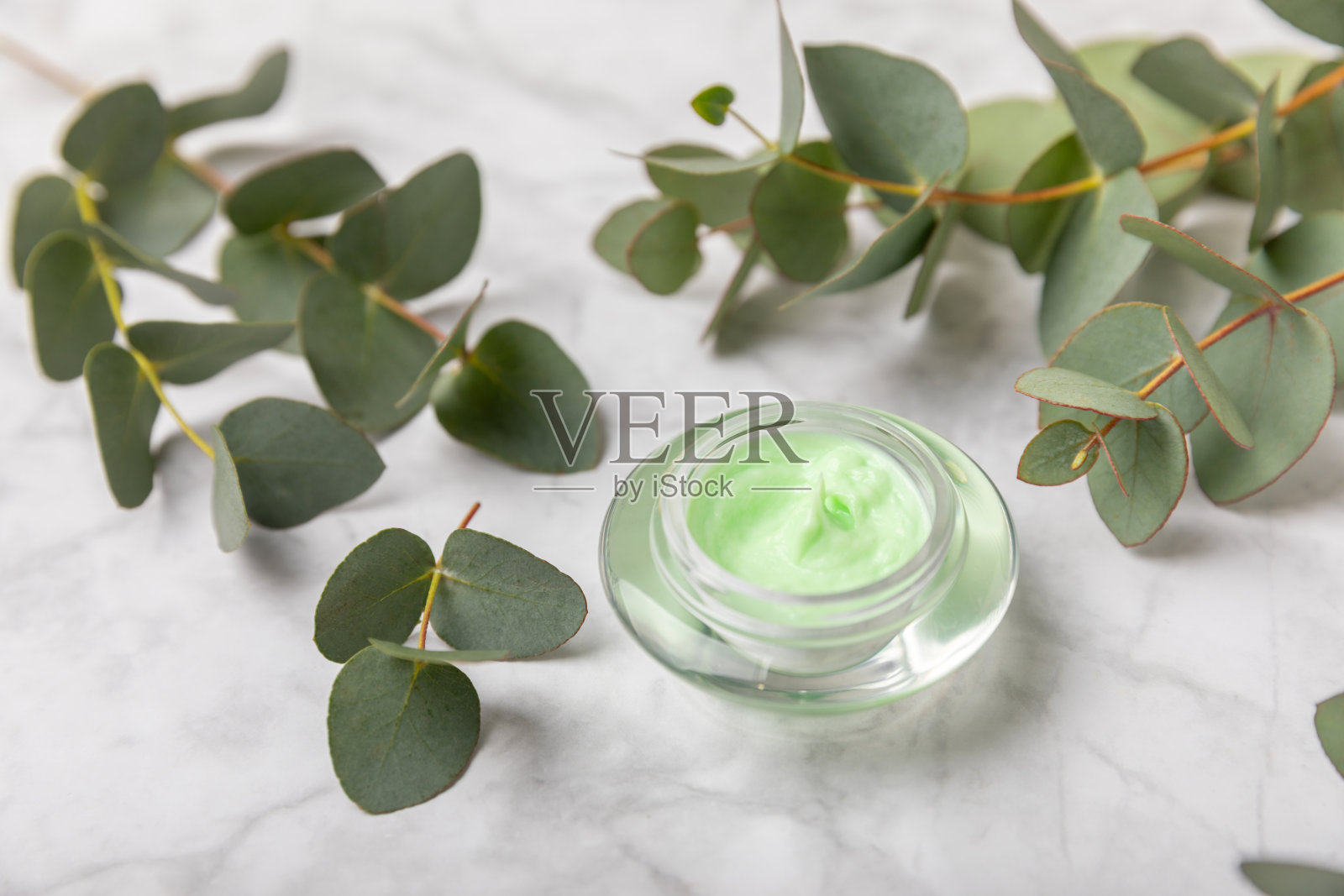 一罐用于面部、手部和身体的润肤霜，以桉树叶为背景。天然有机产品。美容和水疗的概念。身体保健。文本空间。副本的空间。照片摄影图片