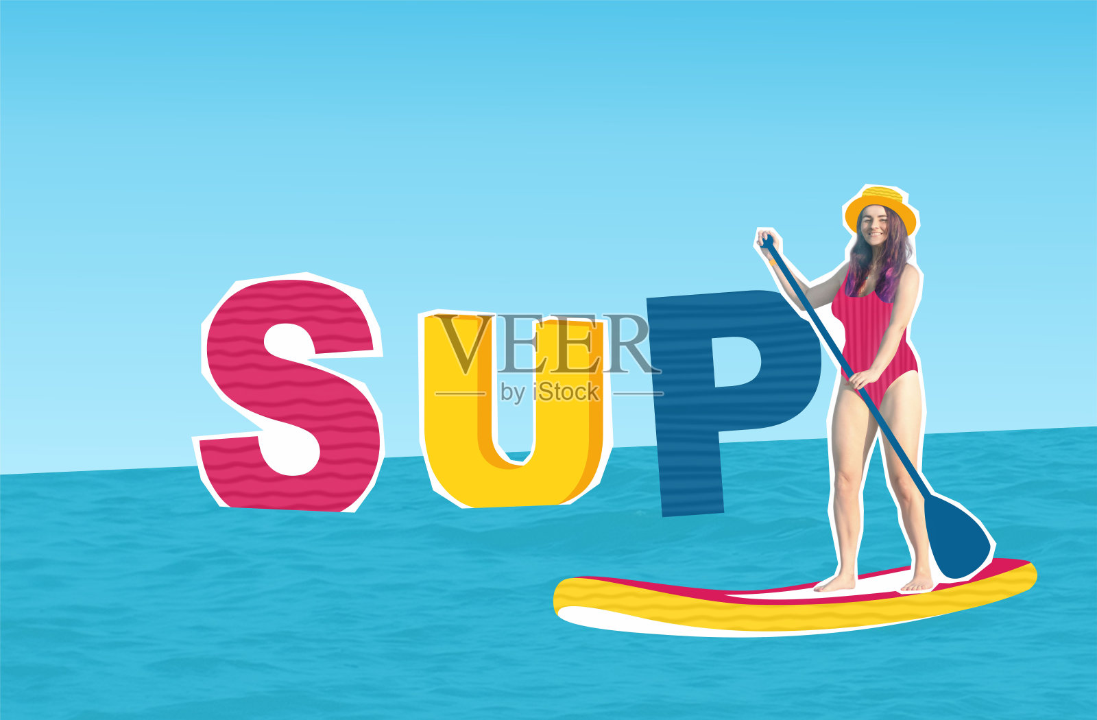 复合拼贴图像素描暑期活动概念。一名女子在海上的帆板上航行，上面刻有“sup”字样照片摄影图片