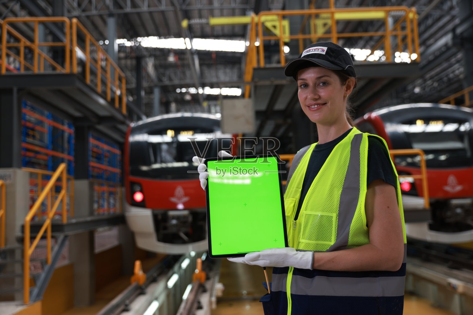 穿着安全背心在电力火车站工作的女铁路工程师，展示着平板电脑的绿屏照片摄影图片