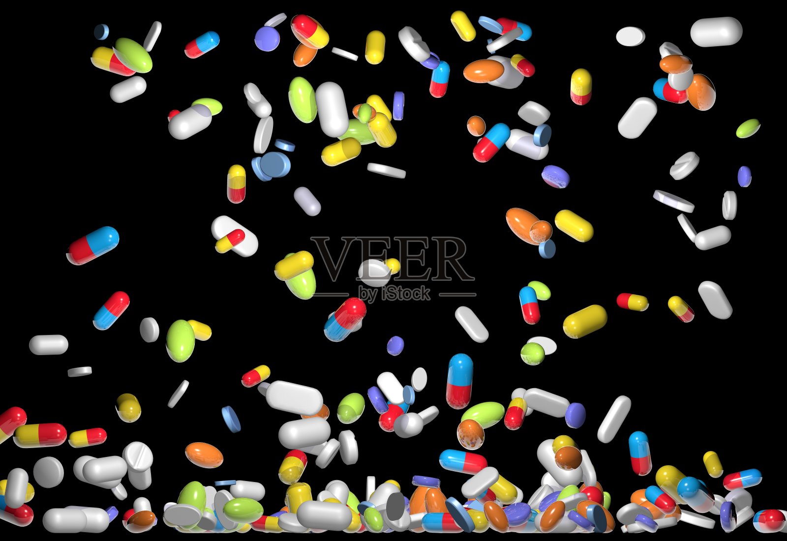 药物胶囊和片剂从上面落到地面的三维插图。照片摄影图片