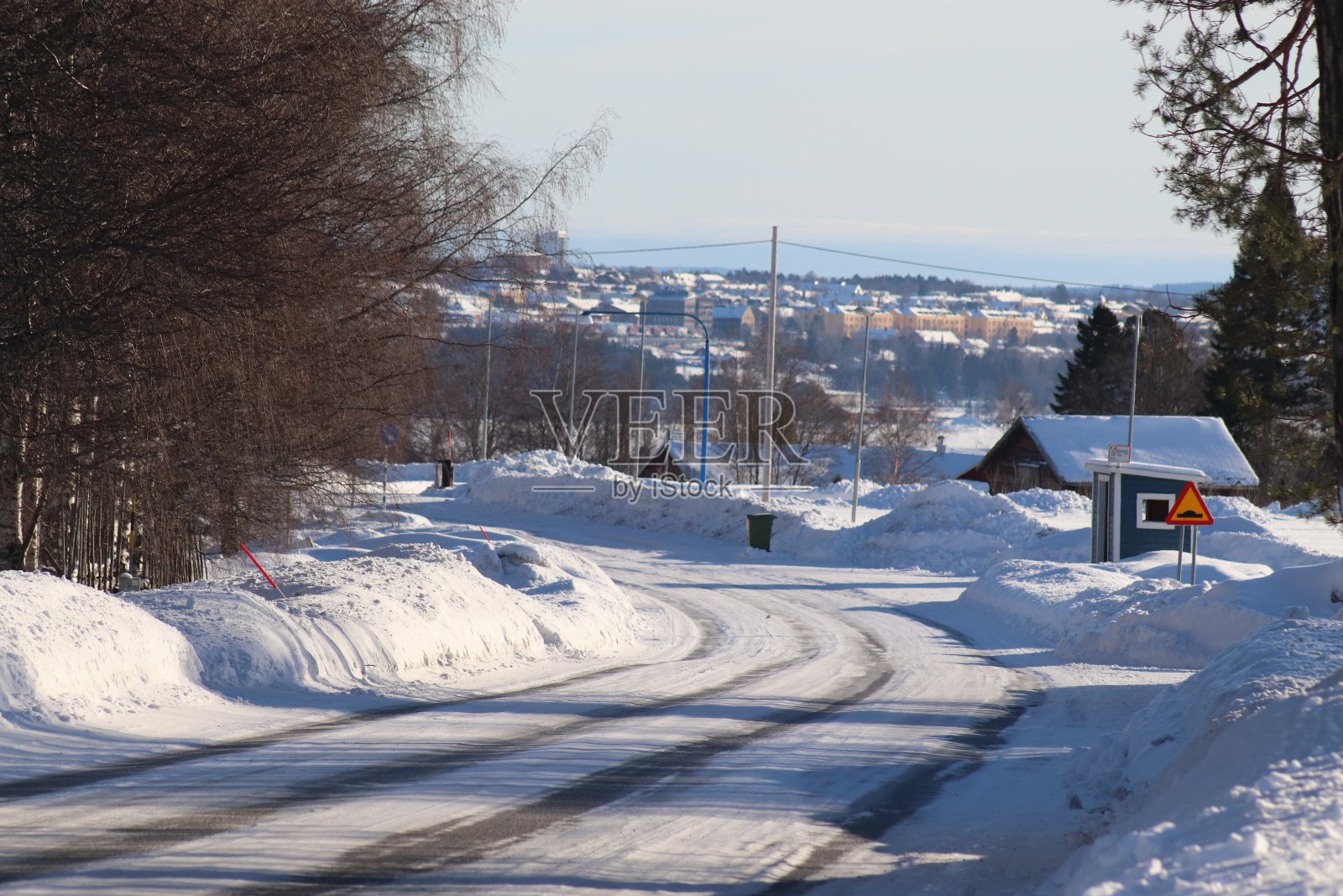 冬天下雪了。云杉、松树和桦树上有很多雪。一场暴风雪过后，树林里的冬天下了很多雪。照片摄影图片