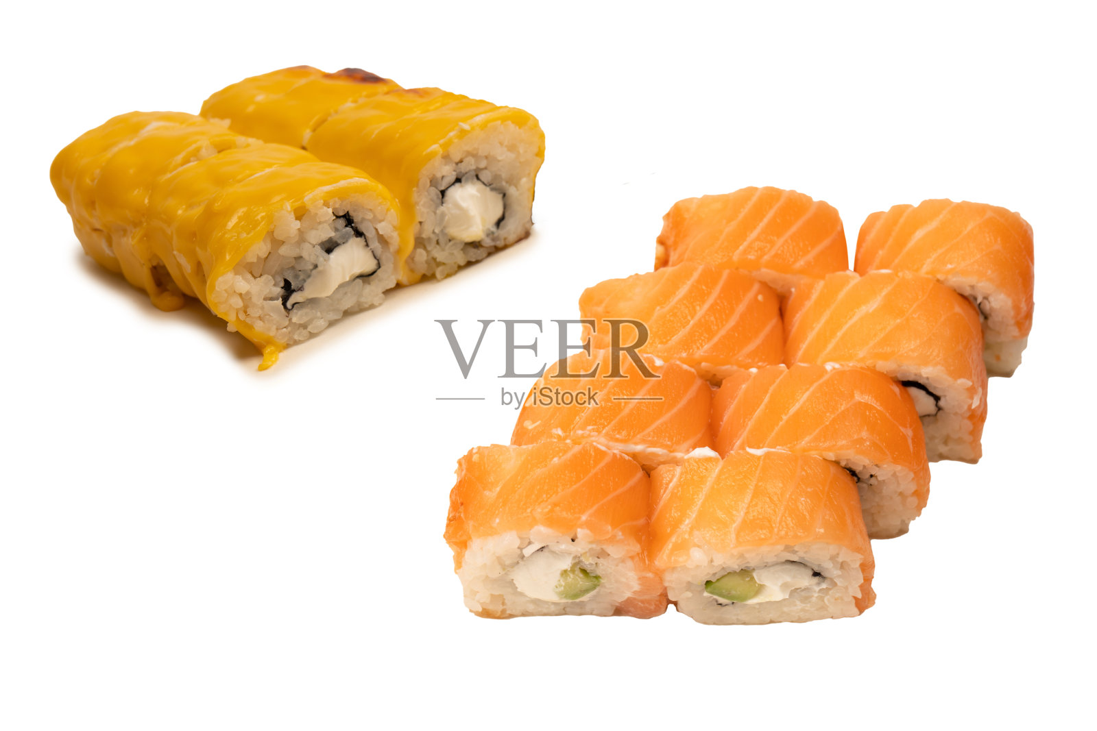 寿司与奶油奶酪隔离在白色背景。照片摄影图片