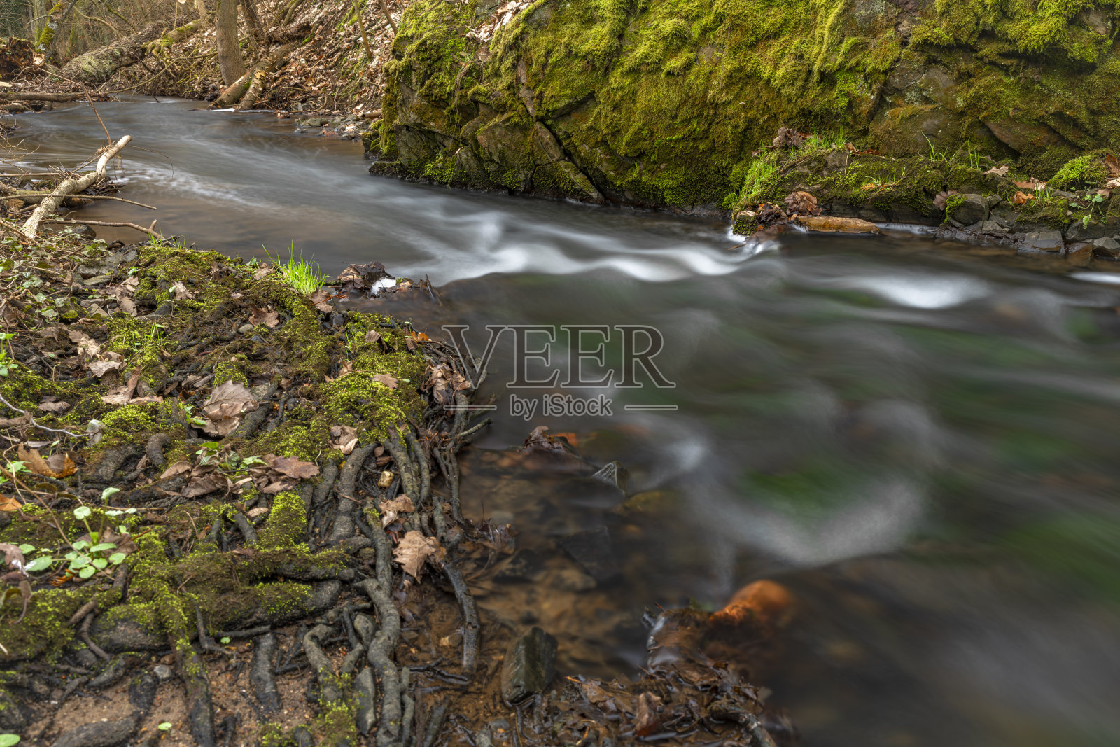 布拉格冬天春天的傍晚，湍急的小溪被洪水淹没照片摄影图片