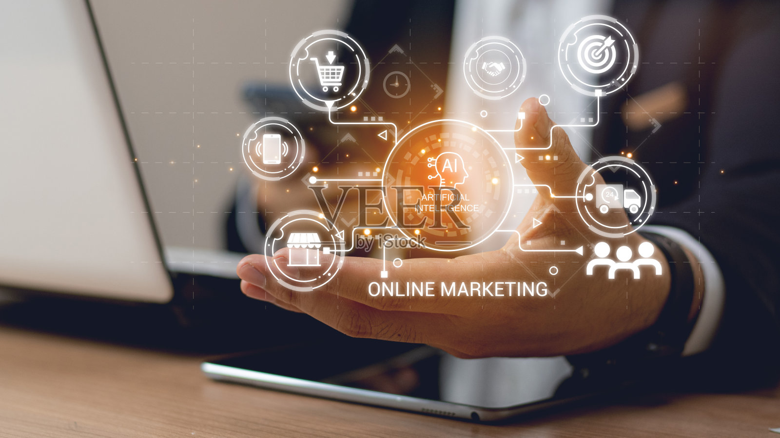 商务人士在现代办公室使用笔记本电脑，平板电脑和智能手机，在现代办公室使用虚拟图标图，数字营销，笔记本电脑使用，社交，媒体，营销概念。照片摄影图片