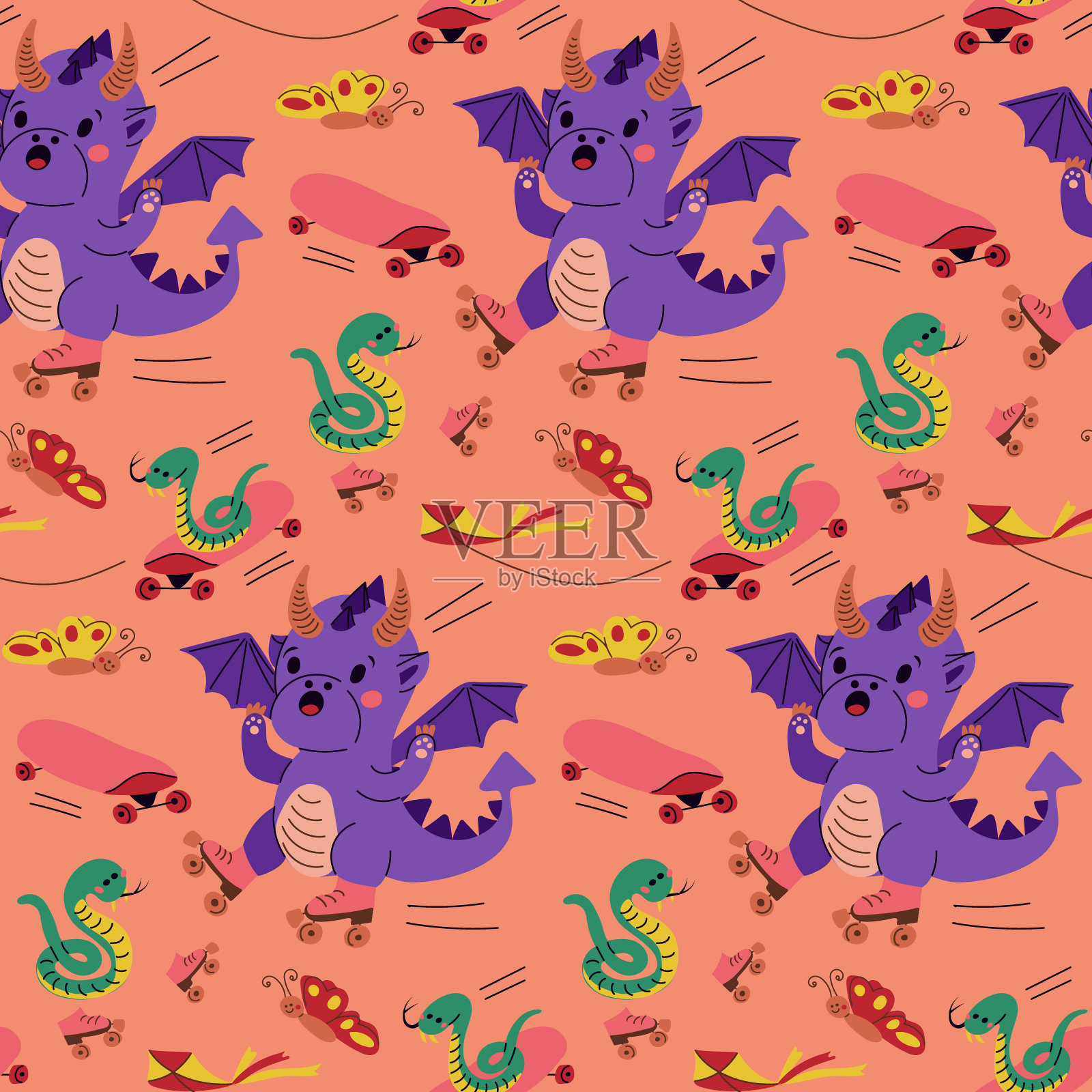 顽皮的龙在旱冰鞋无缝图案插画图片素材
