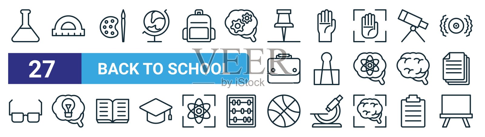 一套27个大纲网页回到学校图标，如烧瓶，尺子，绘画，举手，活页夹，想法，篮球，板矢量细线图标的网页设计，移动应用程序。插画图片素材