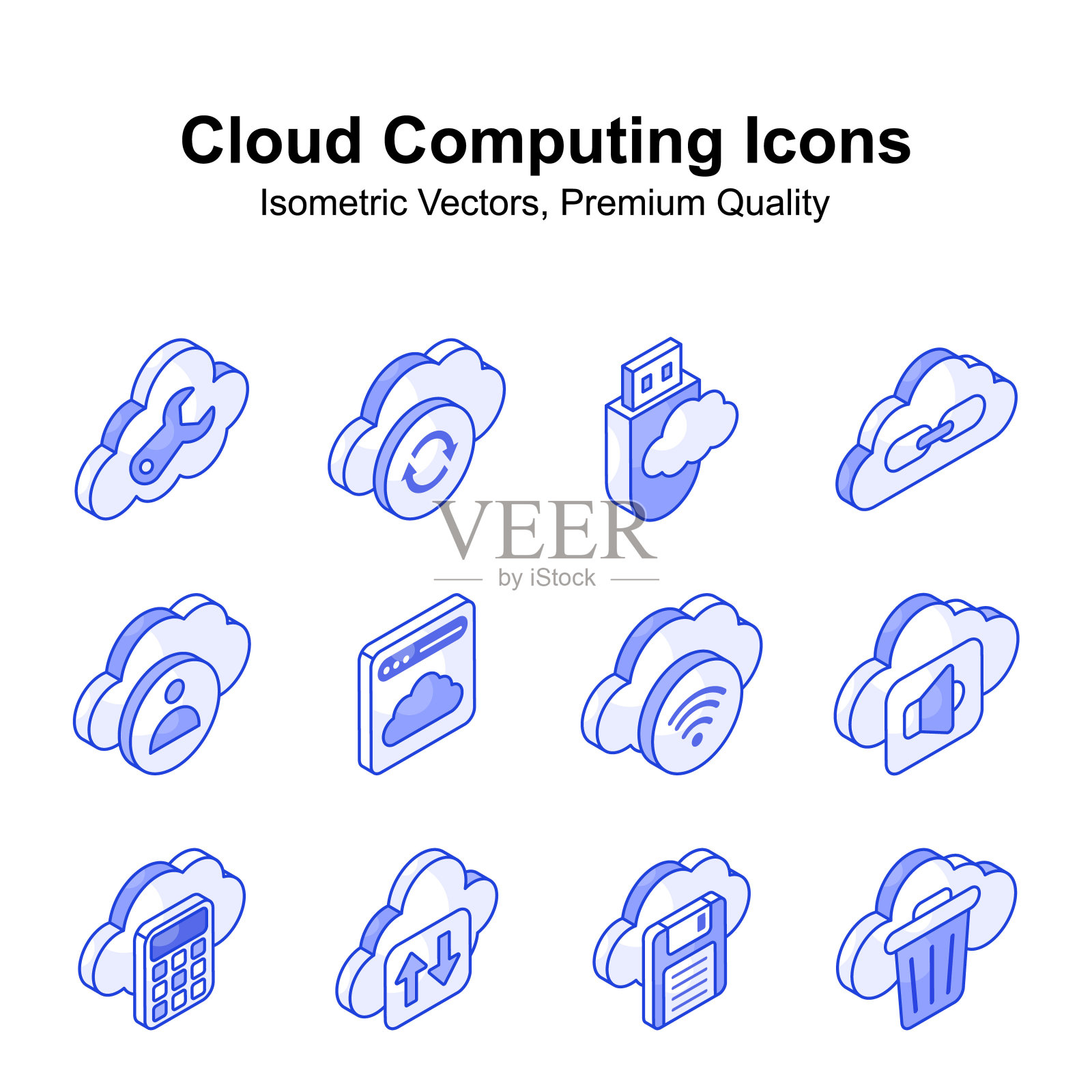 云计算等距矢量设置隔离在白色背景。插画图片素材