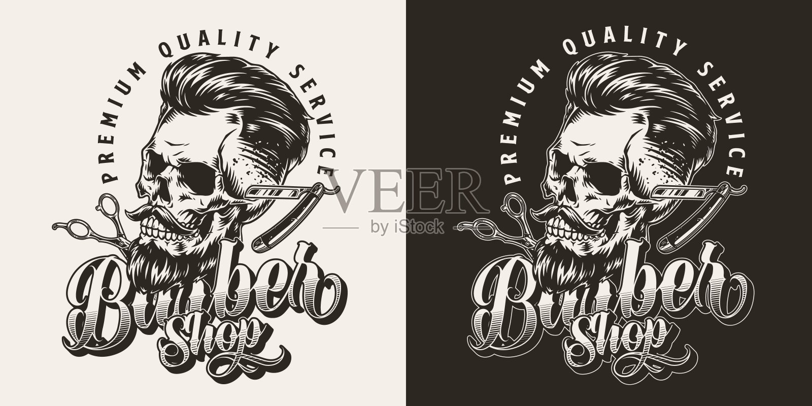 骷髅理发师单色复古贴纸插画图片素材