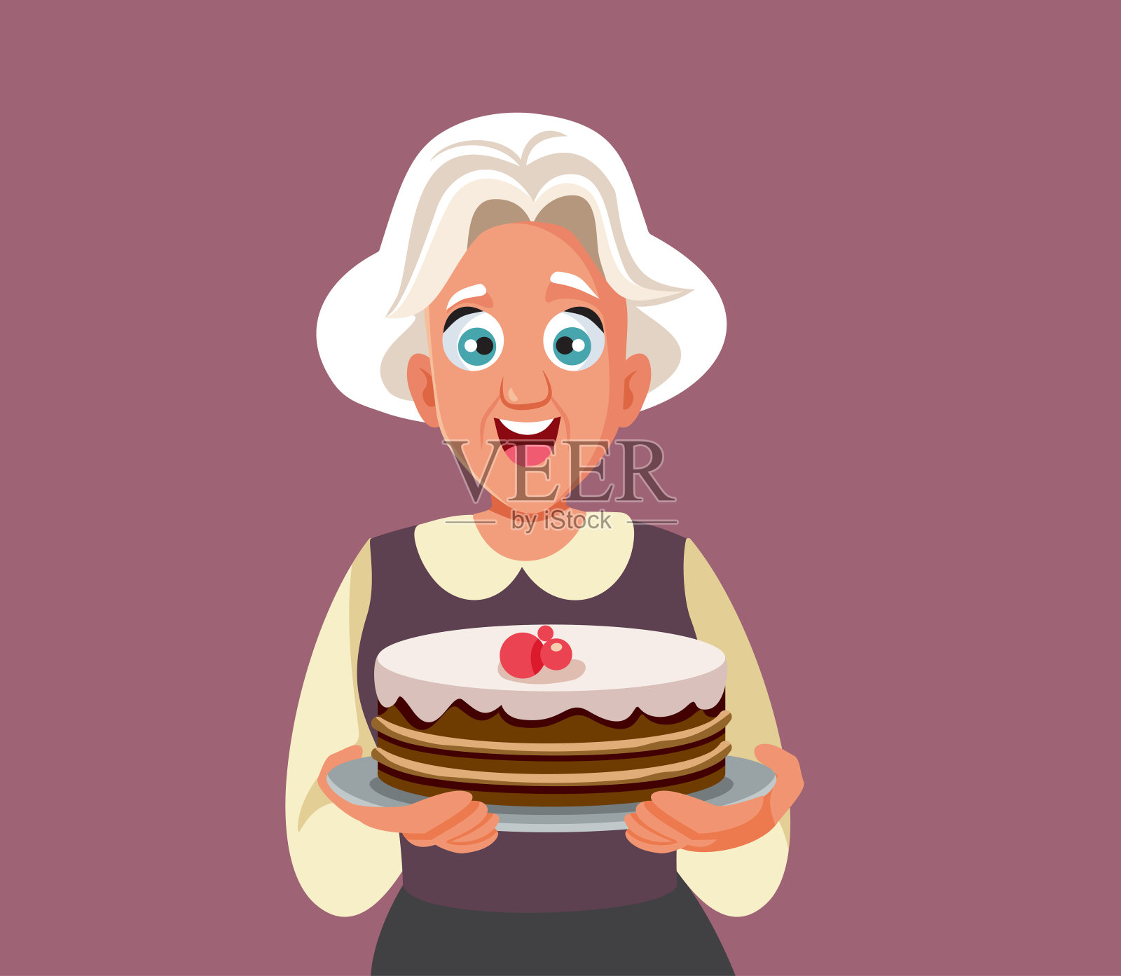高级奶奶拿着生日蛋糕矢量字符插图插画图片素材
