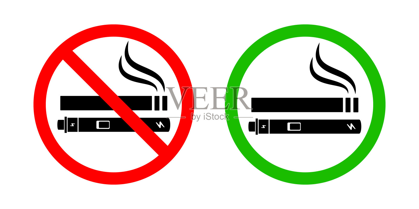 设有禁止吸烟、禁止吸电子烟及吸烟区标志。禁止标志图标隔离在白色背景矢量插图。插画图片素材