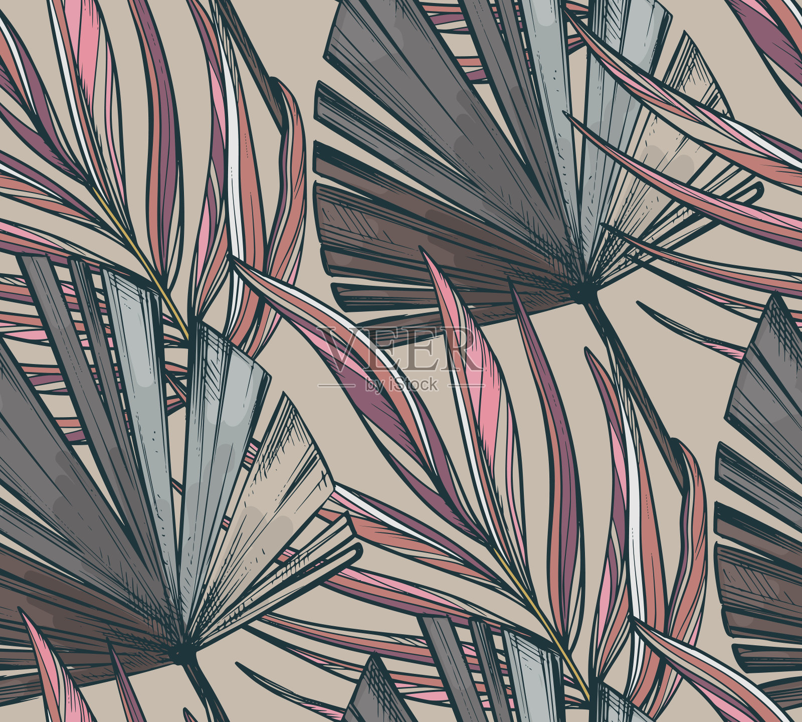 矢量无缝图案与干棕榈叶。无尽的自然背景插画图片素材