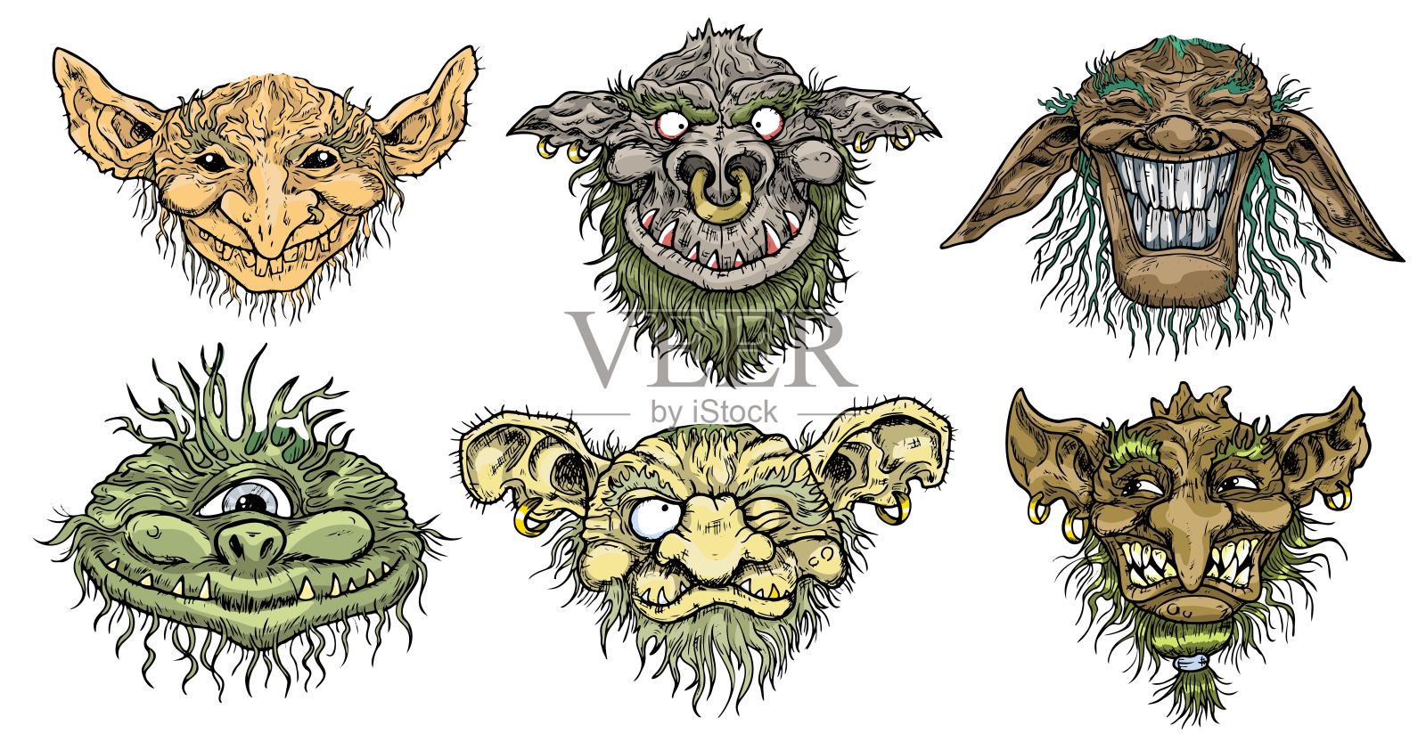 手绘矢量集与彩色雕刻有趣的恶魔或侏儒脸隔离在白色插画图片素材