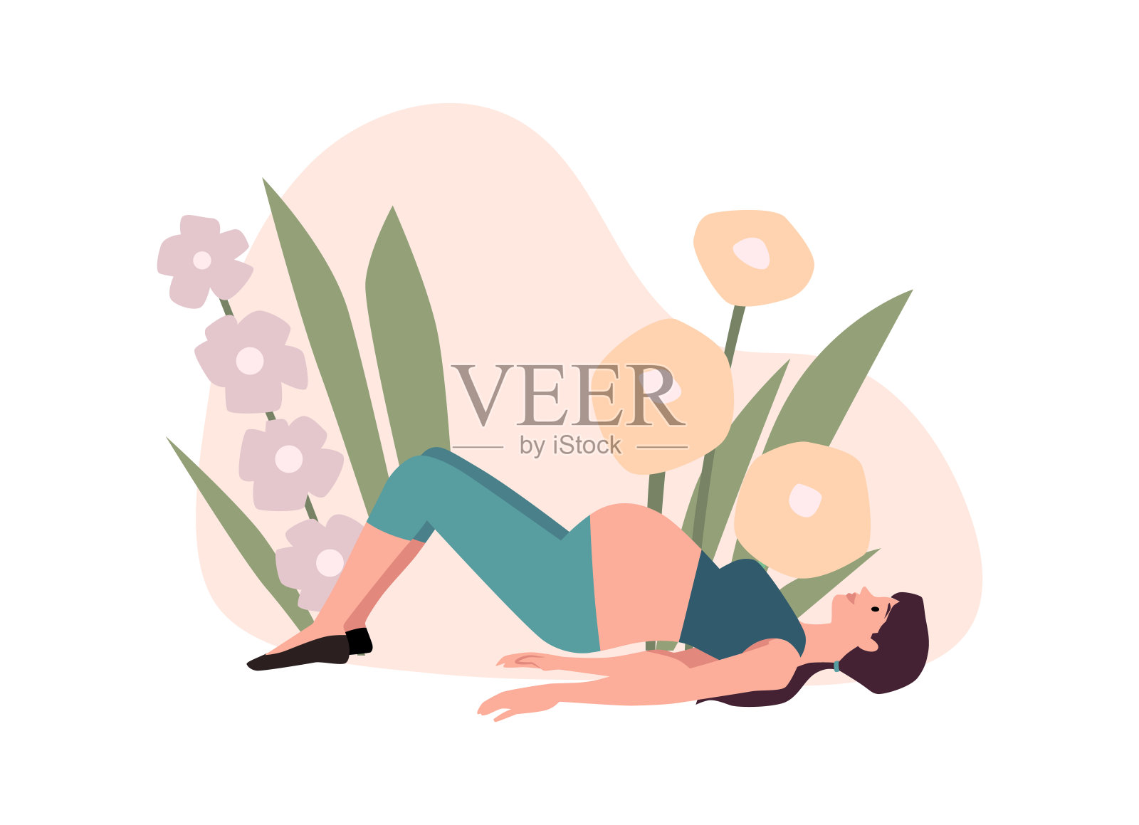 孕妇产前瑜伽卧姿扁平矢量插画插画图片素材