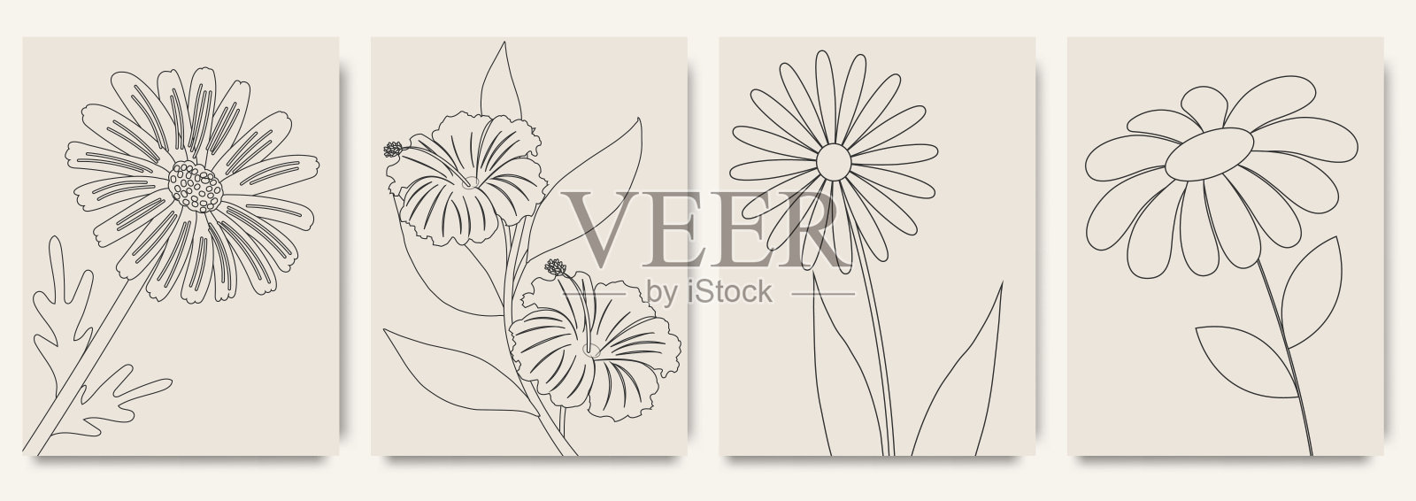 一套时髦的复古墙壁印花与花朵，树叶，形状。现代美学插图。插画图片素材