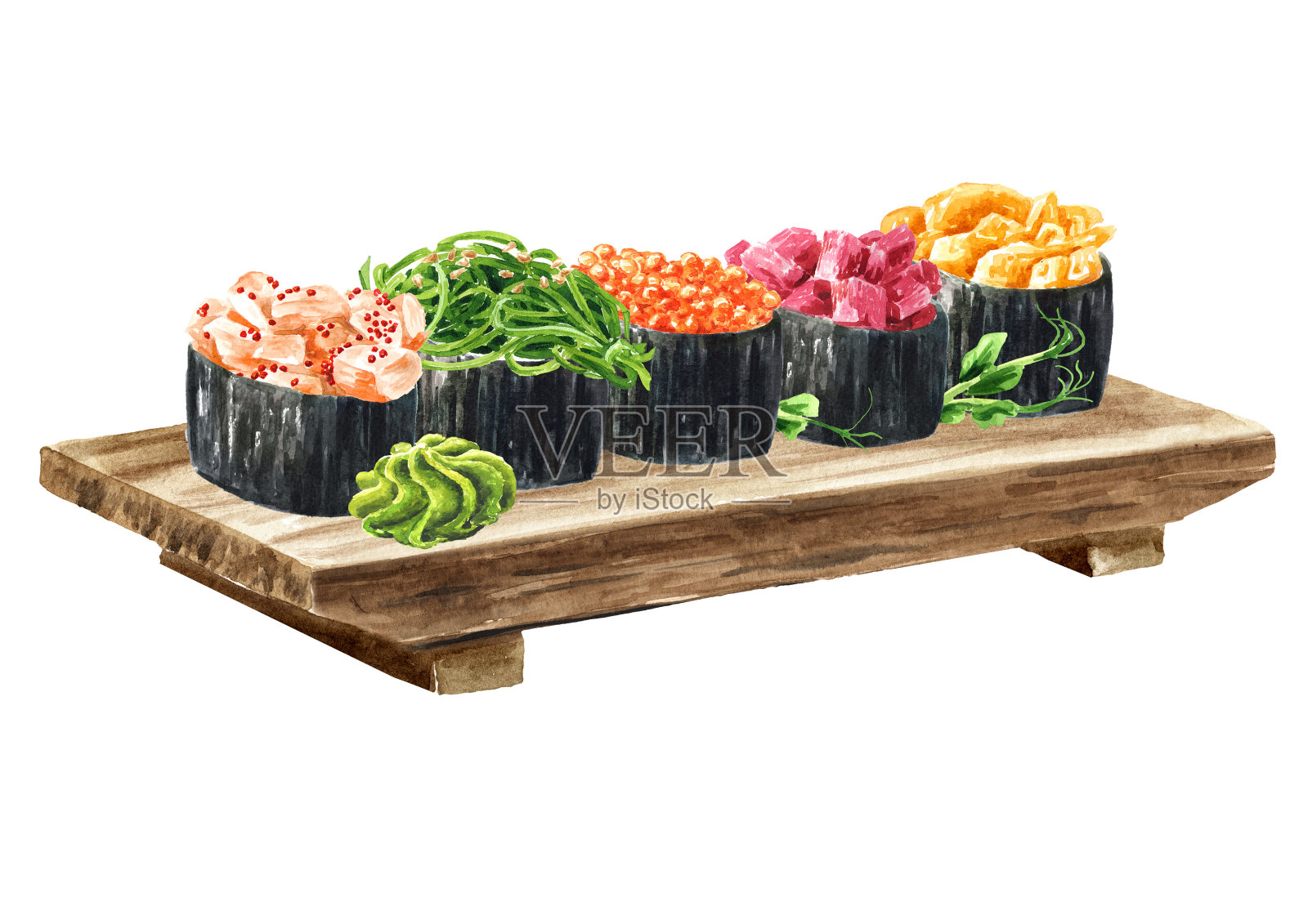 各种馅料的冈馆真寿司套装。手绘水彩插图孤立的白色背景插画图片素材