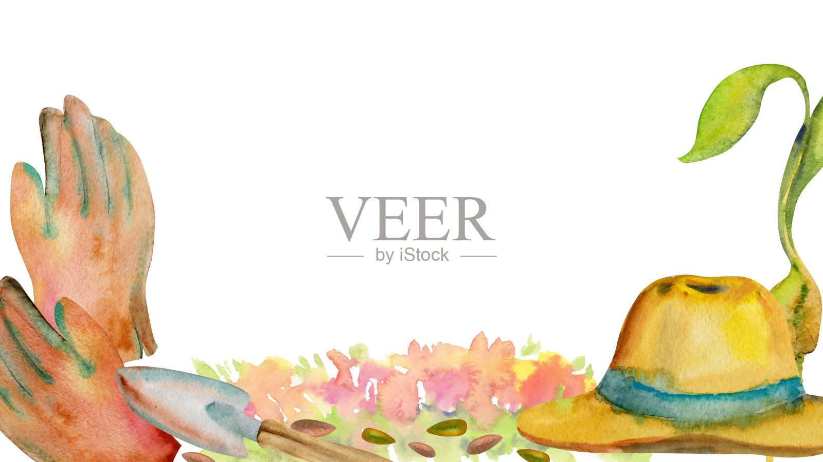 手绘水彩插画春天园艺工具，铲子，皮手套，草帽，花坛种子。水平框架孤立白色背景。设计印刷，商店，剪贴簿，包装插画图片素材