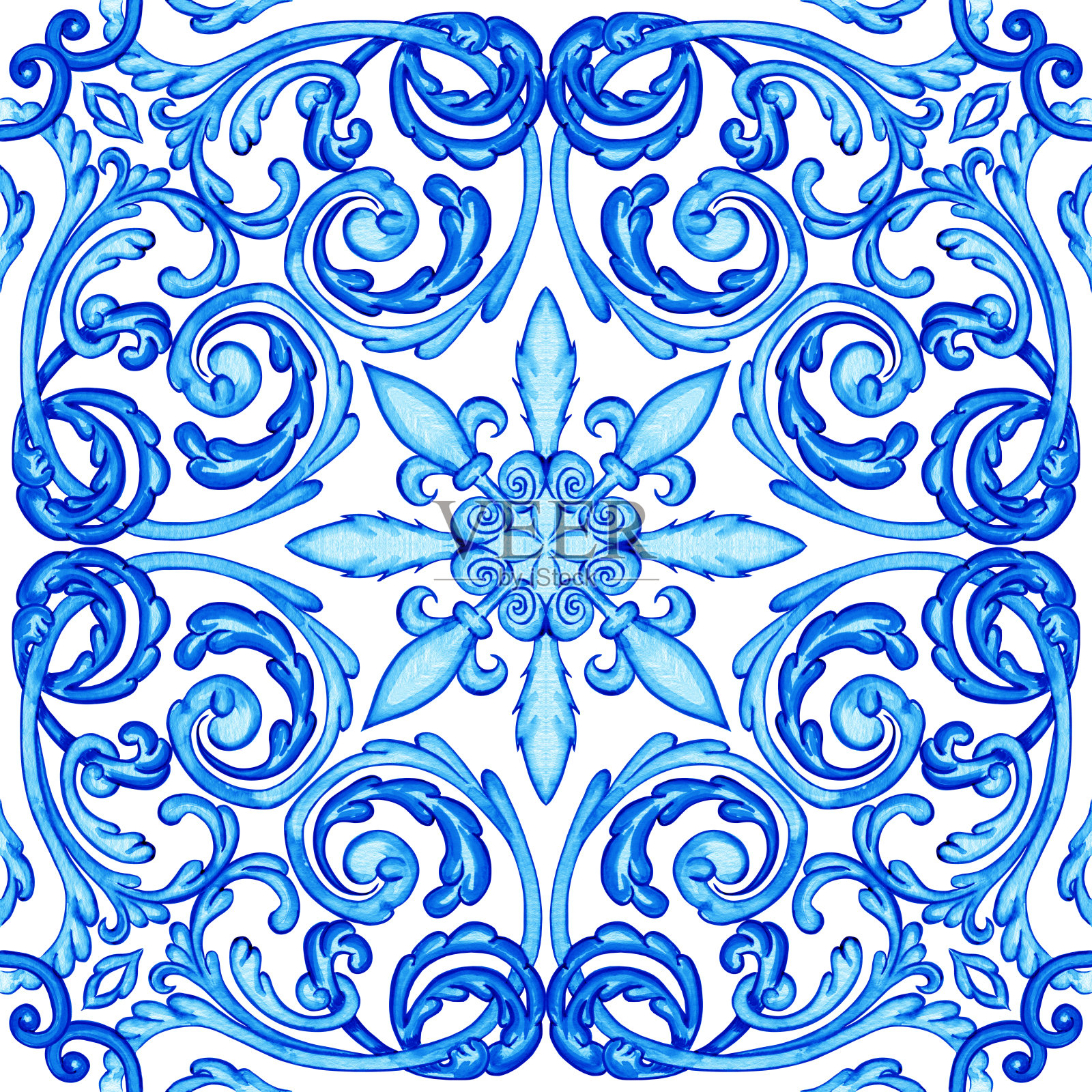 瓷砖设计在蓝色。西西里无缝装饰。巴洛克水彩背景。手工绘制的皇家装饰品。地中海意大利版画。插画图片素材