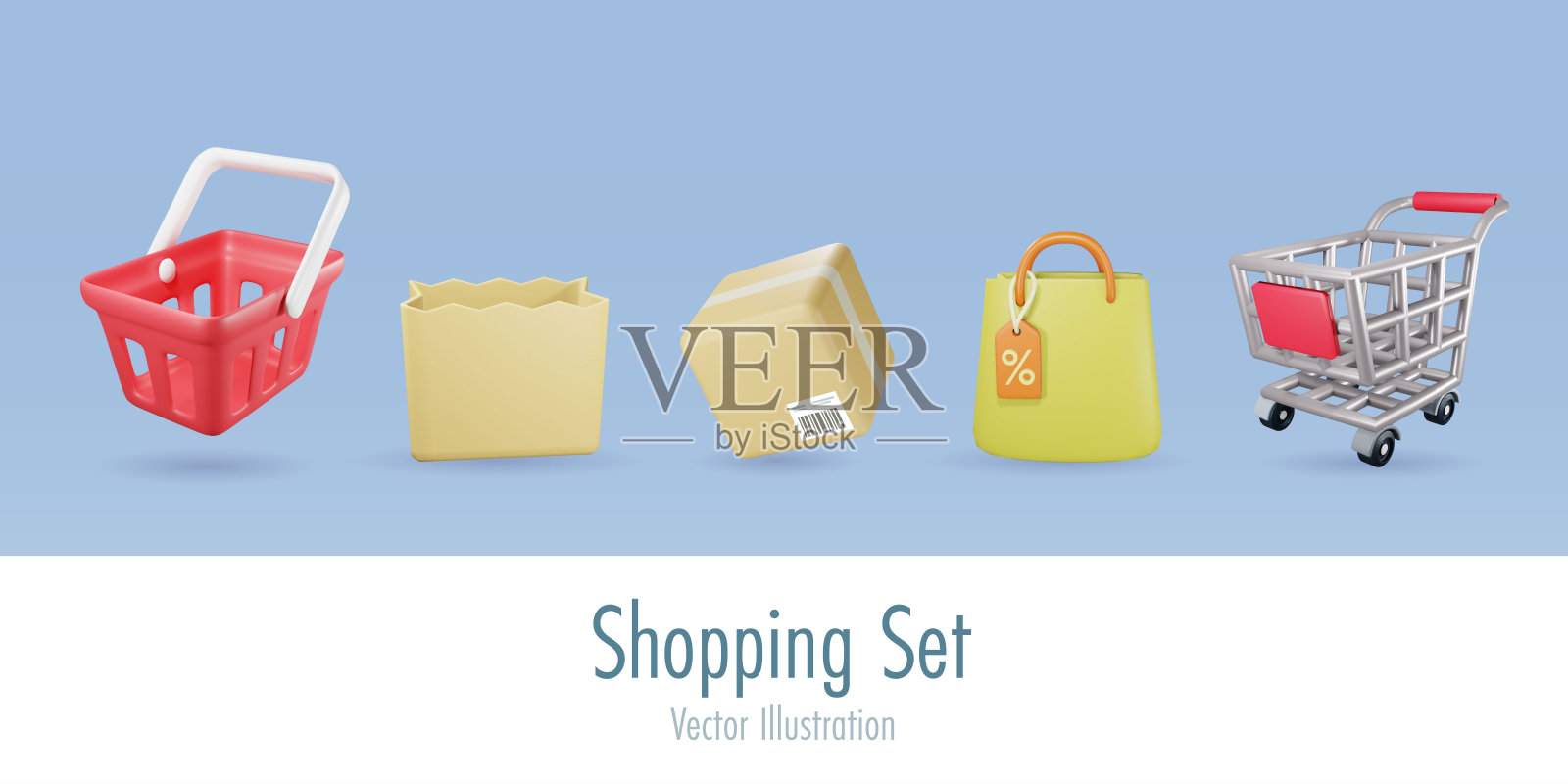 3D网上购物图标集。购物篮，袋子和手推车。广告和商业营销的要素。向量。插画图片素材